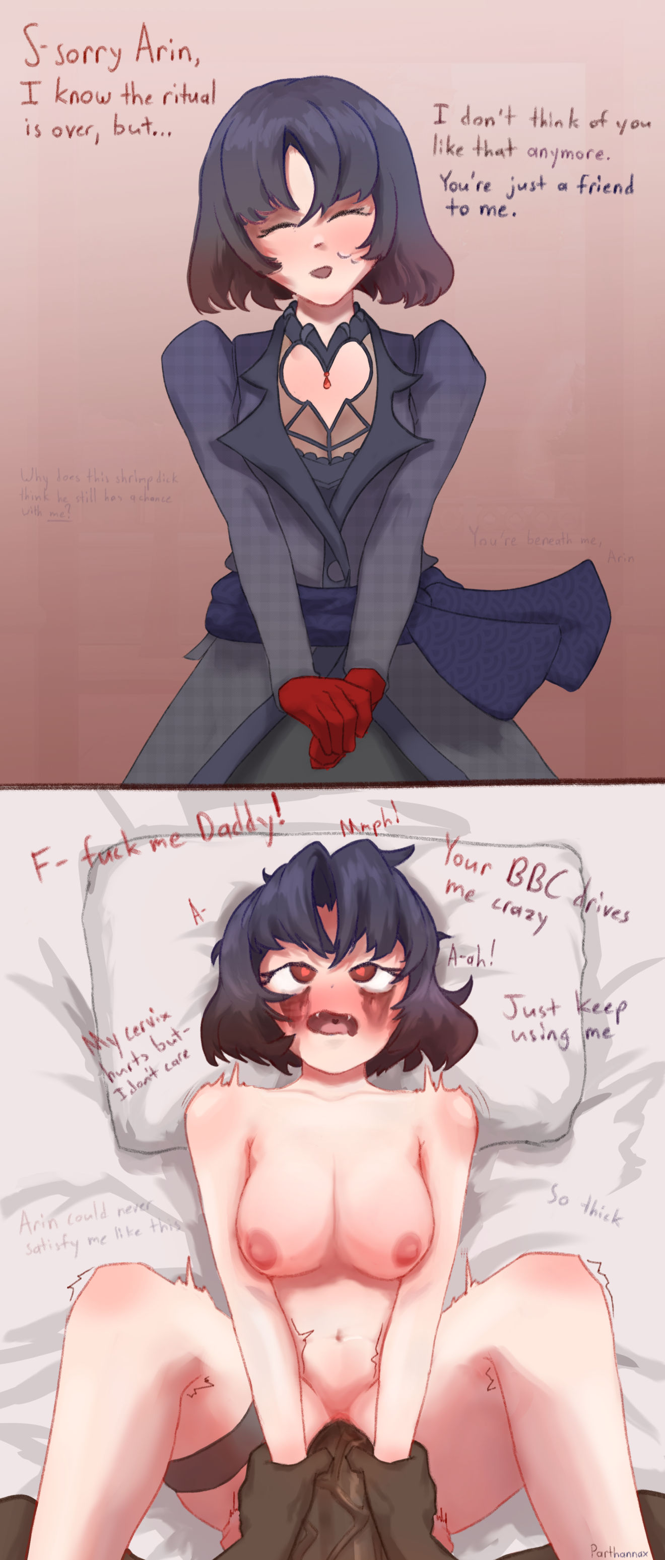 1boy, 1girl, 2koma, ahegao, bed, blushing, bob cut, clothing, comic, completely nude, cuckold, dark hair, dark-skinned male, deadlock, dialogue, dress, heart-shaped pupils, highres, large penis, light-skinned female, looking pleasured, male pov, mascara tears, medium breasts, messy hair, mina (deadlock), mina ha, missionary position, motion lines, netorare, ntr, parthannax, red eyes, red gloves, simple background, text, vaginal sex, valve, vampire, vampire girl