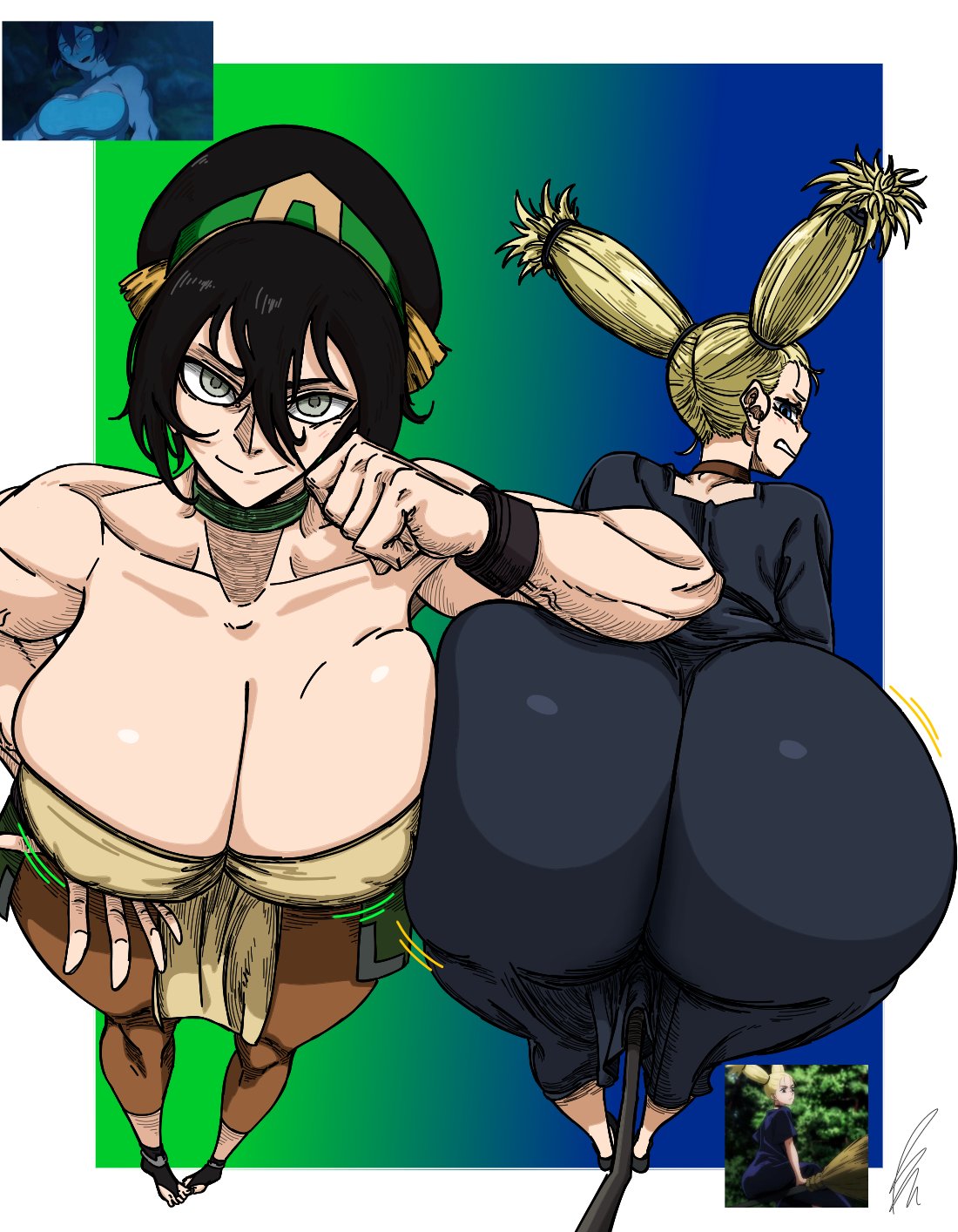 2girls, alternate breast size, ass crack, ass focus, ass in dress, ass or tits, ass visible through clothes, ass vs breasts, avatar the last airbender, bendraws, big breasts, bottom heavy, breast, breast focus, broomstick, cleavage, crossover, disgusted look, eastern and western character, enormous ass, female, female focus, female only, gigantic ass, huge ass, huge breasts, jujutsu kaisen, large breasts, looking at viewer, looking back, momo nishimiya, multiple girls, muscular female, nipples, nipples visible through clothing, nishimiya momo, round ass, round butt, seductive look, seductive smile, the legend of aang, top heavy, toph bei fong, voluptuous, voluptuous body, voluptuous female