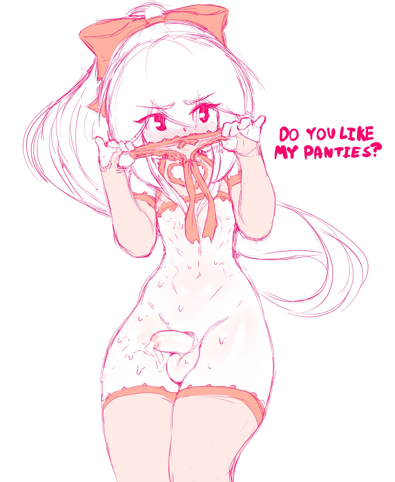 1boy, balls, erection, femboy, girly, looking at viewer, male, male only, monochrome, necrosmos, penis, testicles, thighhighs, trap