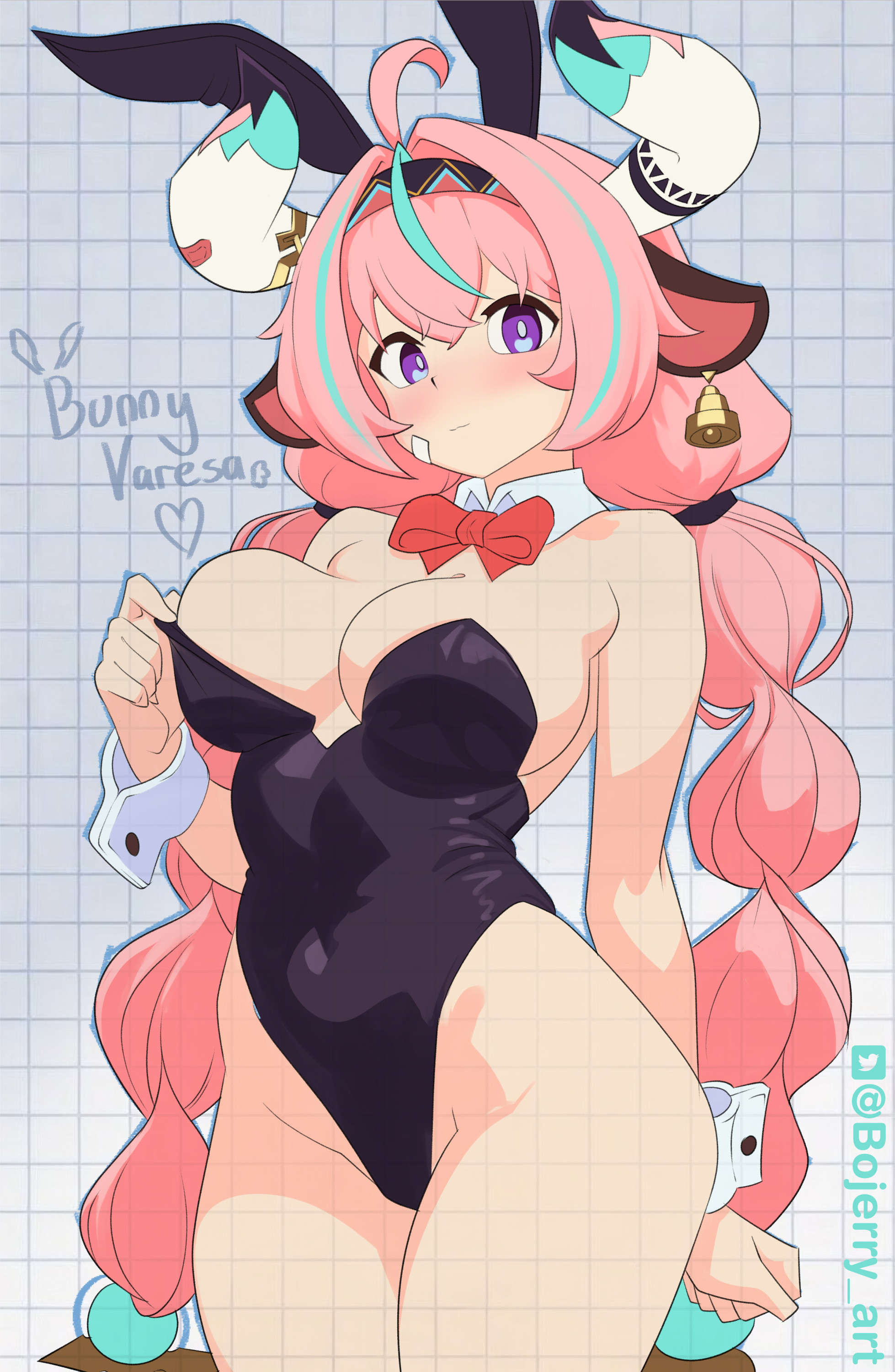1girls, ahoge, animal ears, artist request, big breasts, black leotard, blush, bojerry art, bojerryart, bow, bowtie, breasts, bunny ears, bunny girl, bunnysuit, detached collar, fake animal ears, fishnet legwear, genshin impact, hair ornament, highleg, large breasts, leotard, long hair, pink hair, purple eyes, purple hair, solo, strapless, strapless leotard, tagme, varesa (genshin impact), very long hair, wrist cuffs