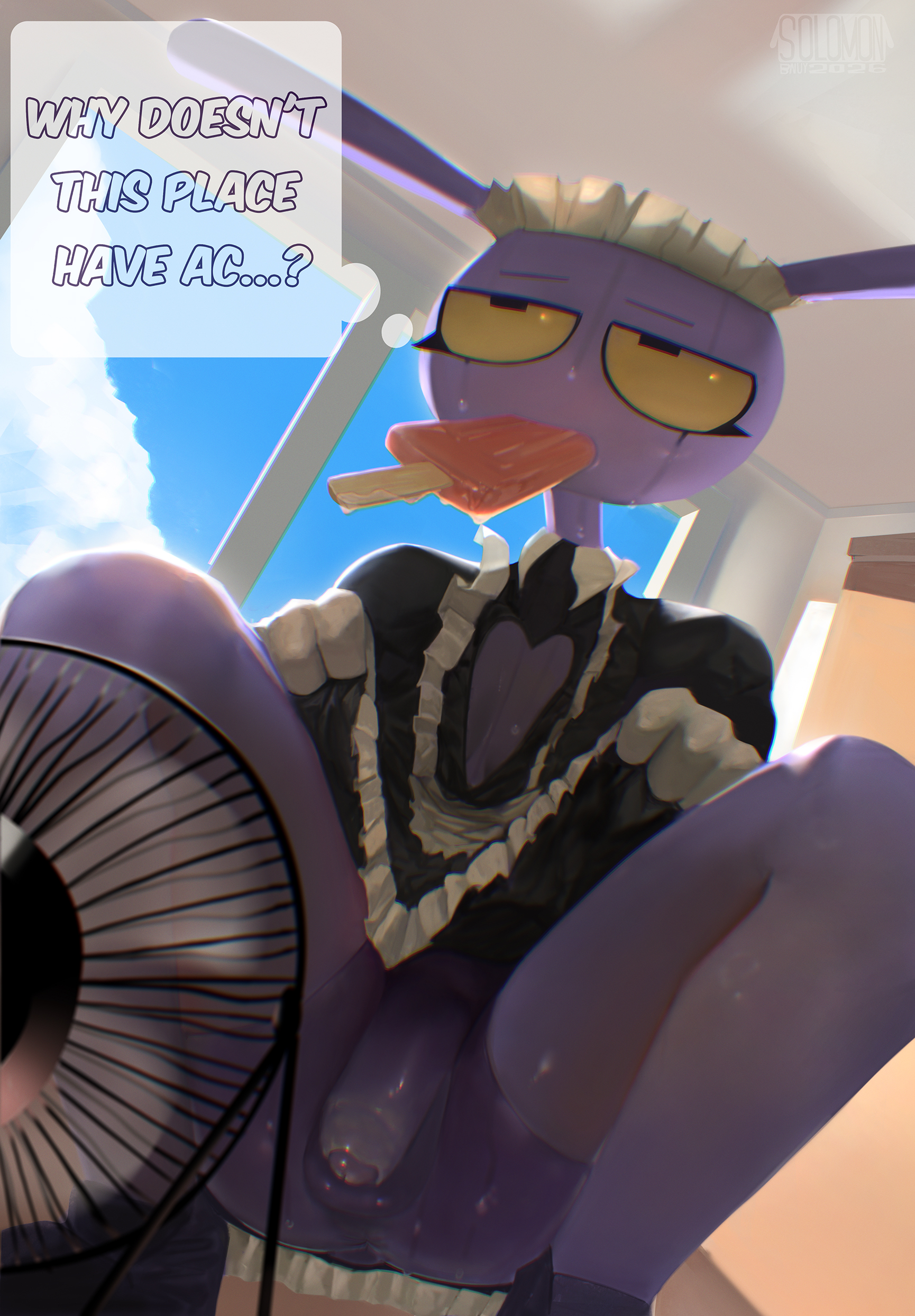 1boy, 4 fingers, absurd res, anthro, balls, bodily fluids, bottomwear, clothed, clothing, fan (object), fangs, fingers, flaccid, food, foreskin, gay, gay male, genitals, glitch productions, half-closed eyes, heat (temperature), hi res, humanoid genitalia, humanoid penis, jax (tadc), kneeling, lagomorph, legwear, leporid, makeup, male, mammal, mascara, narrowed eyes, no underwear, penis, popsicle, rabbit, raised bottomwear, raised clothing, raised skirt, ruined makeup, running makeup, running mascara, skirt, solo, solomonbnuy, stockings, sweat, sweatdrop, teeth, the amazing digital circus, thought bubble, yaoi