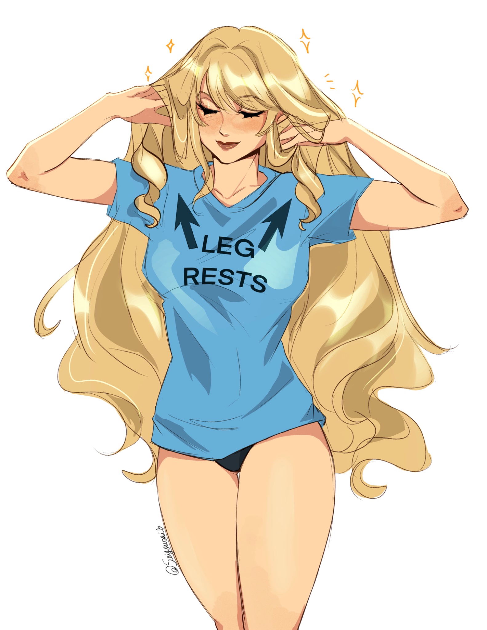 1girls, blonde hair, blue shirt, female, female only, genshin impact, hoyoverse, implied lesbian, lesbian, lesbian sex, long hair, navia (genshin impact), panties, seijousai, suggestive, suggestive shirt, yuri