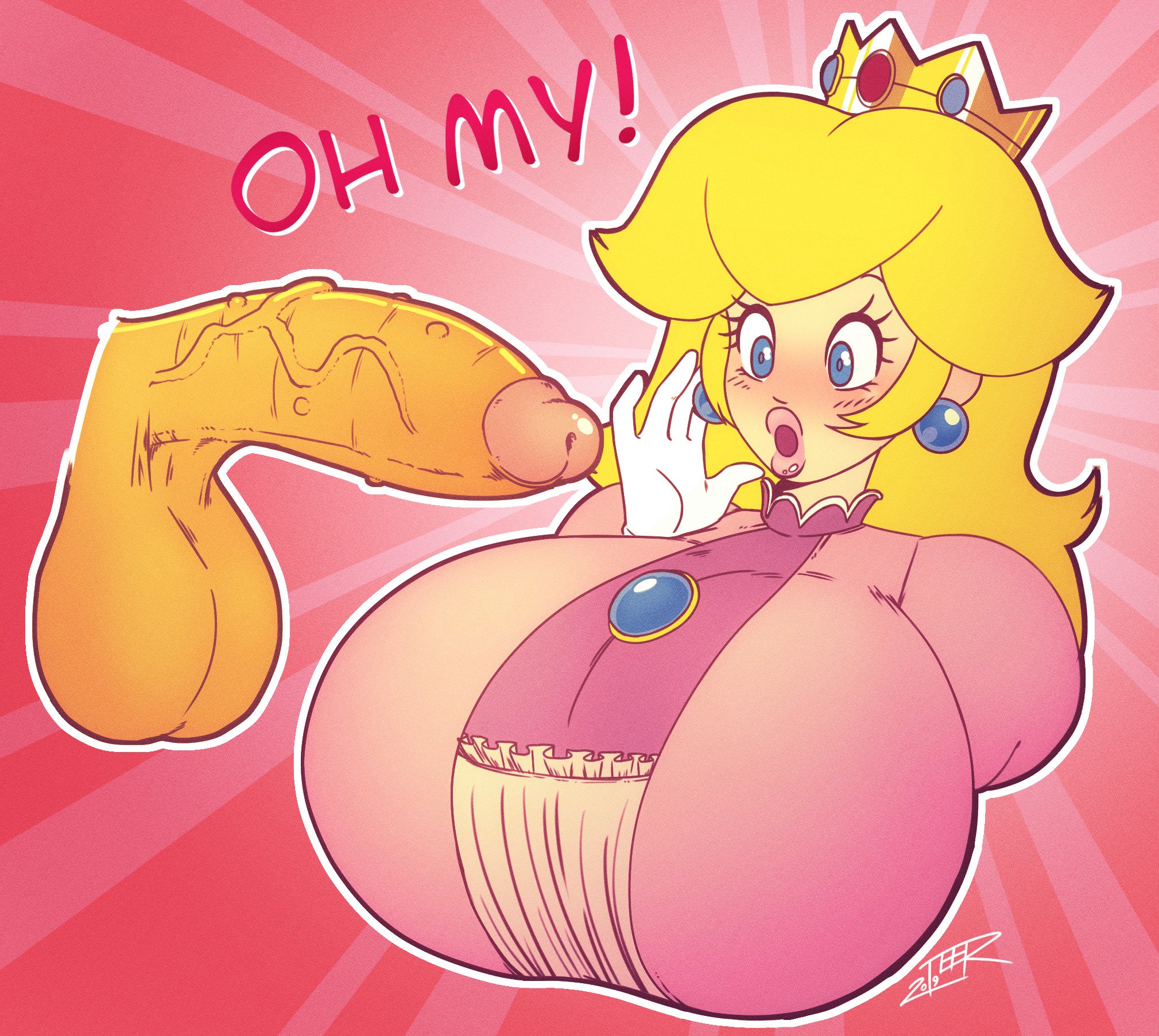 1boy, 1girls, blonde hair, bowser, breasts, bumpy penis, dress, elbow gloves, female, gloves, huge breasts, huge cock, huge penis, human, male, mario (series), nintendo, penis, penis awe, princess peach, teer, text