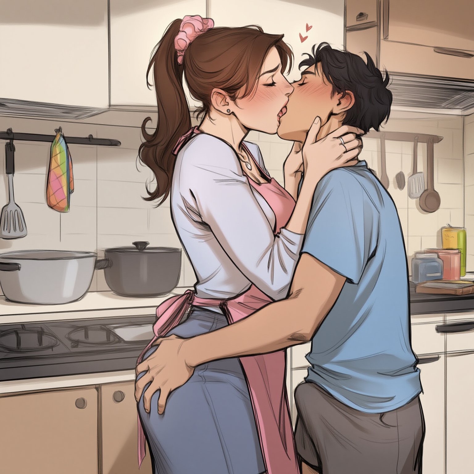 ai assisted, ai generated, apron, brown hair, bulge, bulge through clothing, clothing, erection, female, fenez, human, human female, imminent sex, incest, incestuous kiss, kiss, kissing, love, milf, mother, mother and son, original, original character, parent and child, passionate, ponytail, son