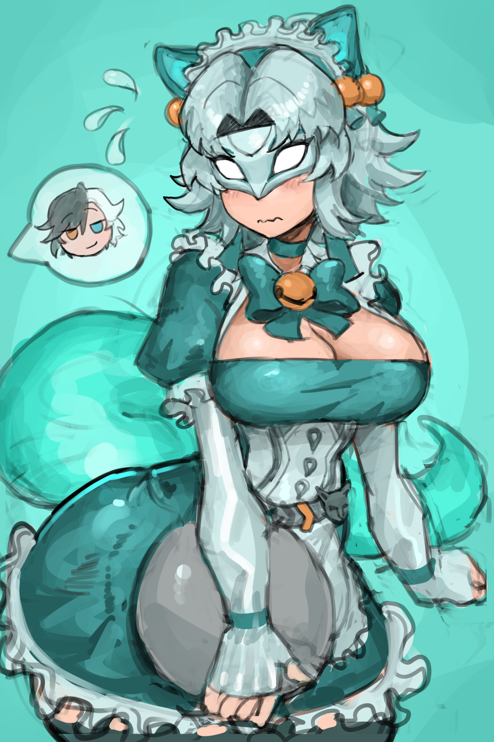 2d, 2girls, ami han, animal ears, animal tail, asian, asian female, big breasts, blush, cleavage, cleavage cutout, embarrassing outfit, female, female focus, female only, fox, fox ears, fox girl, fox tail, heterochromia, imminent yuri, luna snow, luna snow (marvel rivals), maid, maid uniform, marvel, marvel comics, marvel rivals, mask, masked, masked female, nervous, saiykik, short hair, smile, solo, suit, tail, thick thighs, thighs, white fox (marvel rivals), white fox (marvel), white hair, wide hips