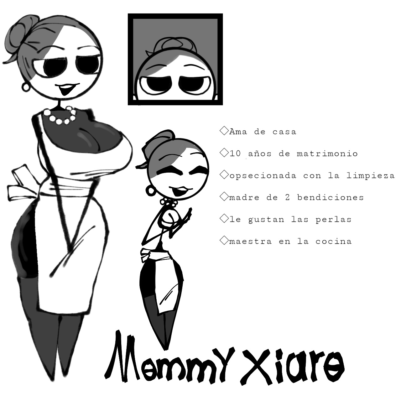 1girls, apron, grey hair, milf, mixka li, neckline, pearl earrings, pearl necklace, skirt, spanish text, text, thick thighs, thighs, xiaro, xiaros mom