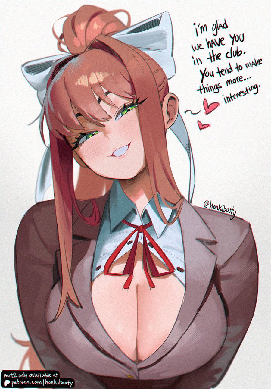1girls, ai assisted, ai generated, artist name, big breasts, breasts, brown hair, busty, cleavage, collared shirt, doki doki literature club, english text, eyebrows visible through hair, green eyes, heart, honkibooty, large breasts, looking at viewer, monika (doki doki literature club), naughty face, ponytail, ribbon, school uniform, shirt, smile, solo, upper body, voluptuous, white shirt