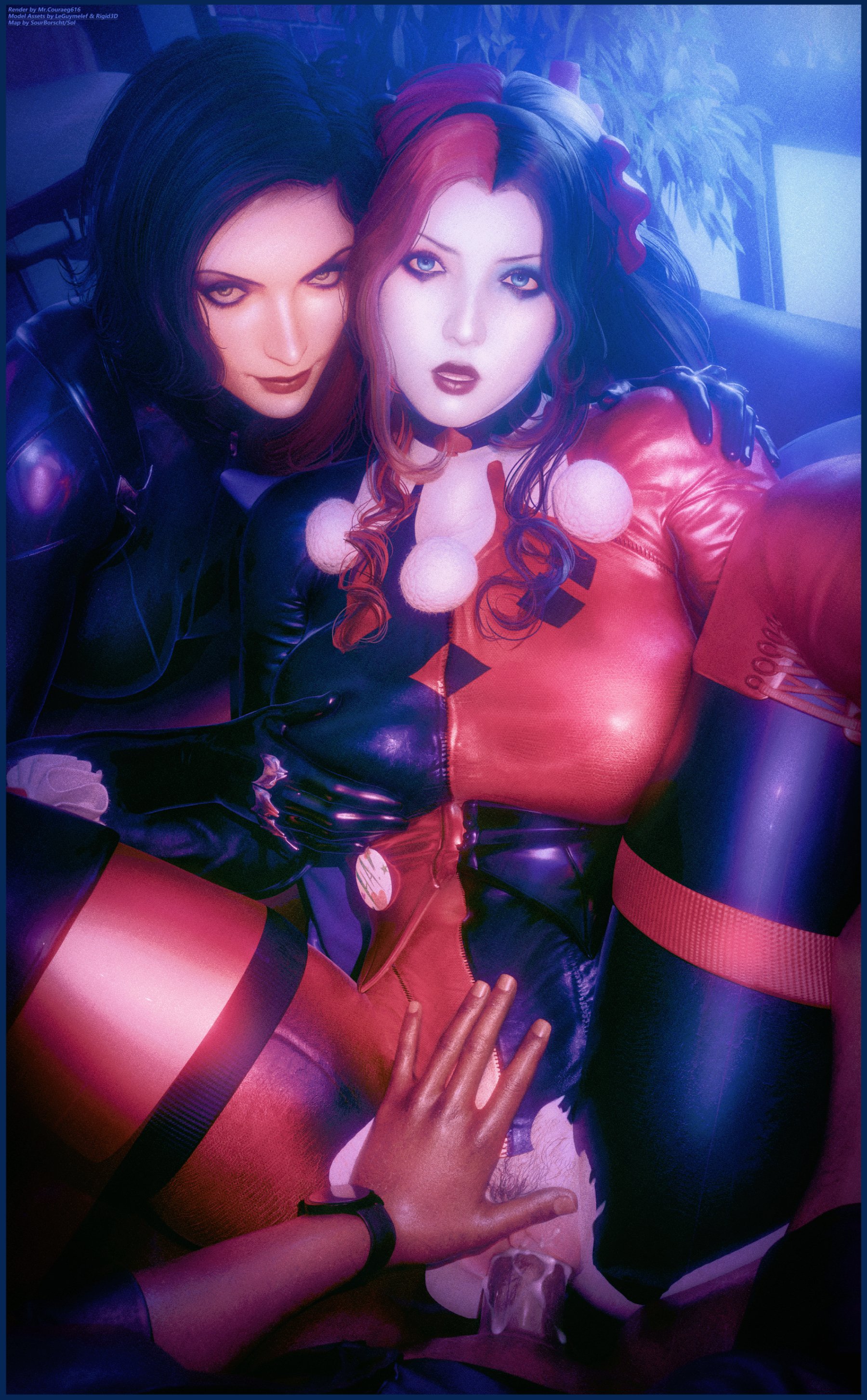 1boy, 2girls, 2girls1boy, 3d, batman (series), big breasts, blender, catwoman, dc, dc comics, faceless male, ffm threesome, gloves, harley quinn, harley quinn (classic), highres, looking at viewer, mostly clothed, mrcourage616, pov, threesome, vaginal, vaginal penetration