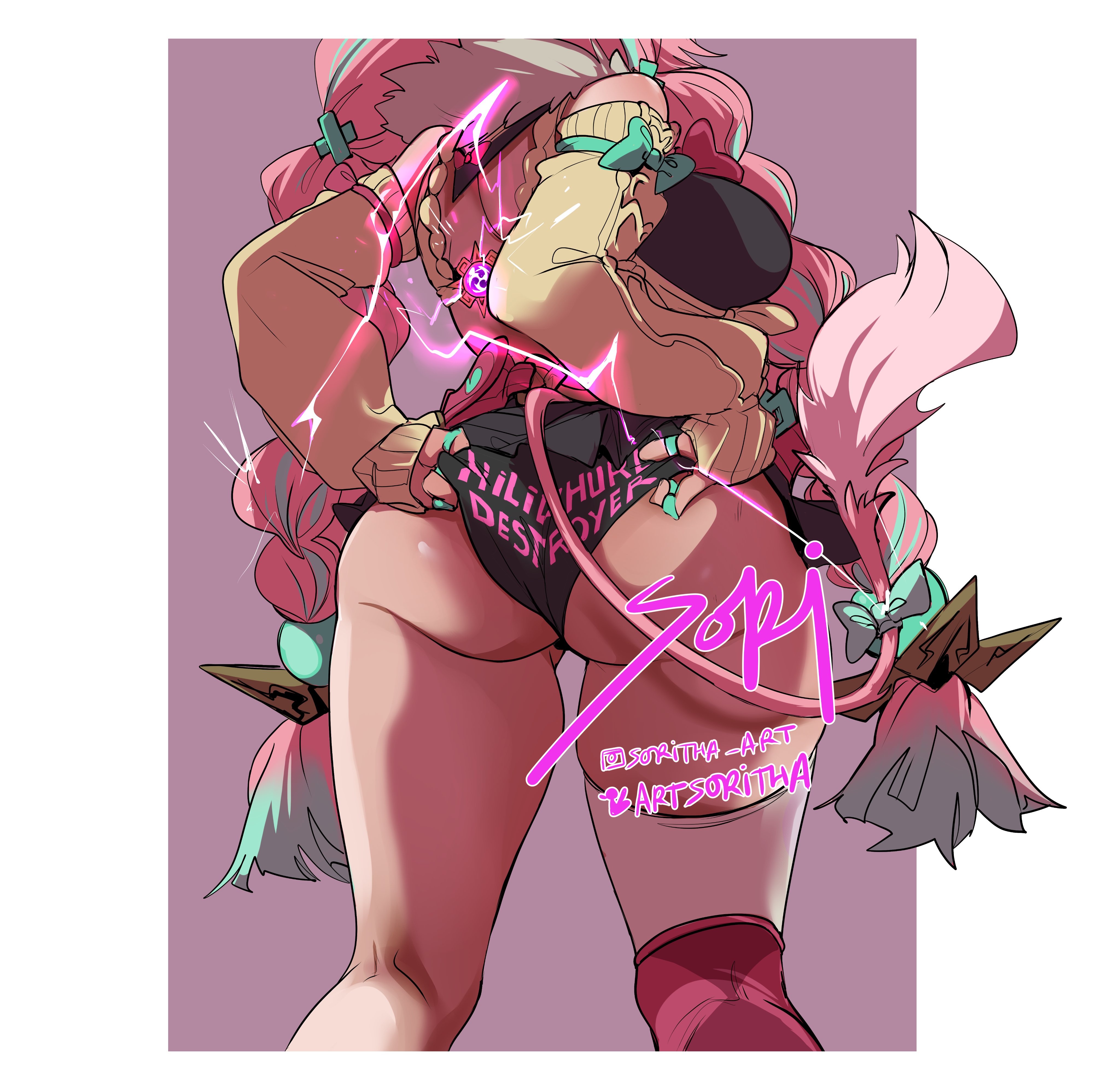 1girls, artsoritha, ass, ass focus, close-up, commentary, cow tail, english commentary, english text, female, female only, genshin impact, hoyoverse, lower body, mihoyo, mihoyo technology (shanghai) co. ltd., natlan girls, no panties, pink tail, simple background, single thighhigh, skirt, solo, tail, thick thighs, thigh focus, thighhighs, thighs, varesa (genshin impact)