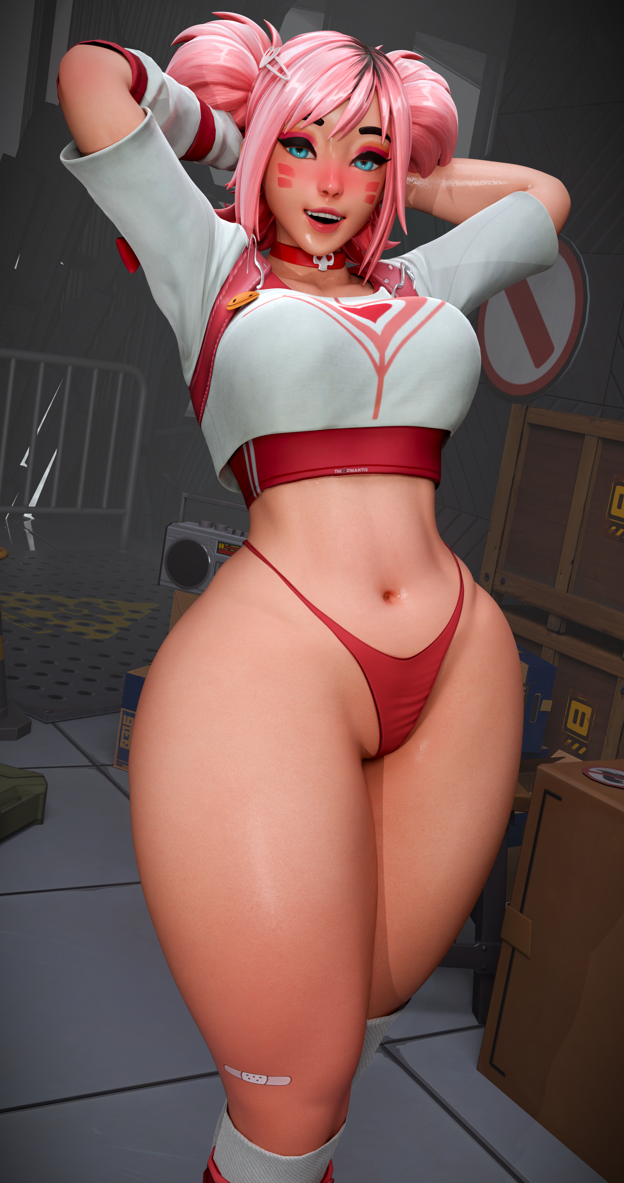 3d, 3d (artwork), big breasts, big thighs, blue eyes, epic games, esme (fortnite), female, fortnite, fortnite: battle royale, pink hair, thiccomantis, thick, thick legs, thick thighs, thighs, thong