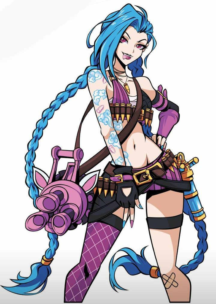 bikini bullets hfxpins jinx_(league_of_legends) league_of_legends machine_gun purple_hair tattoo