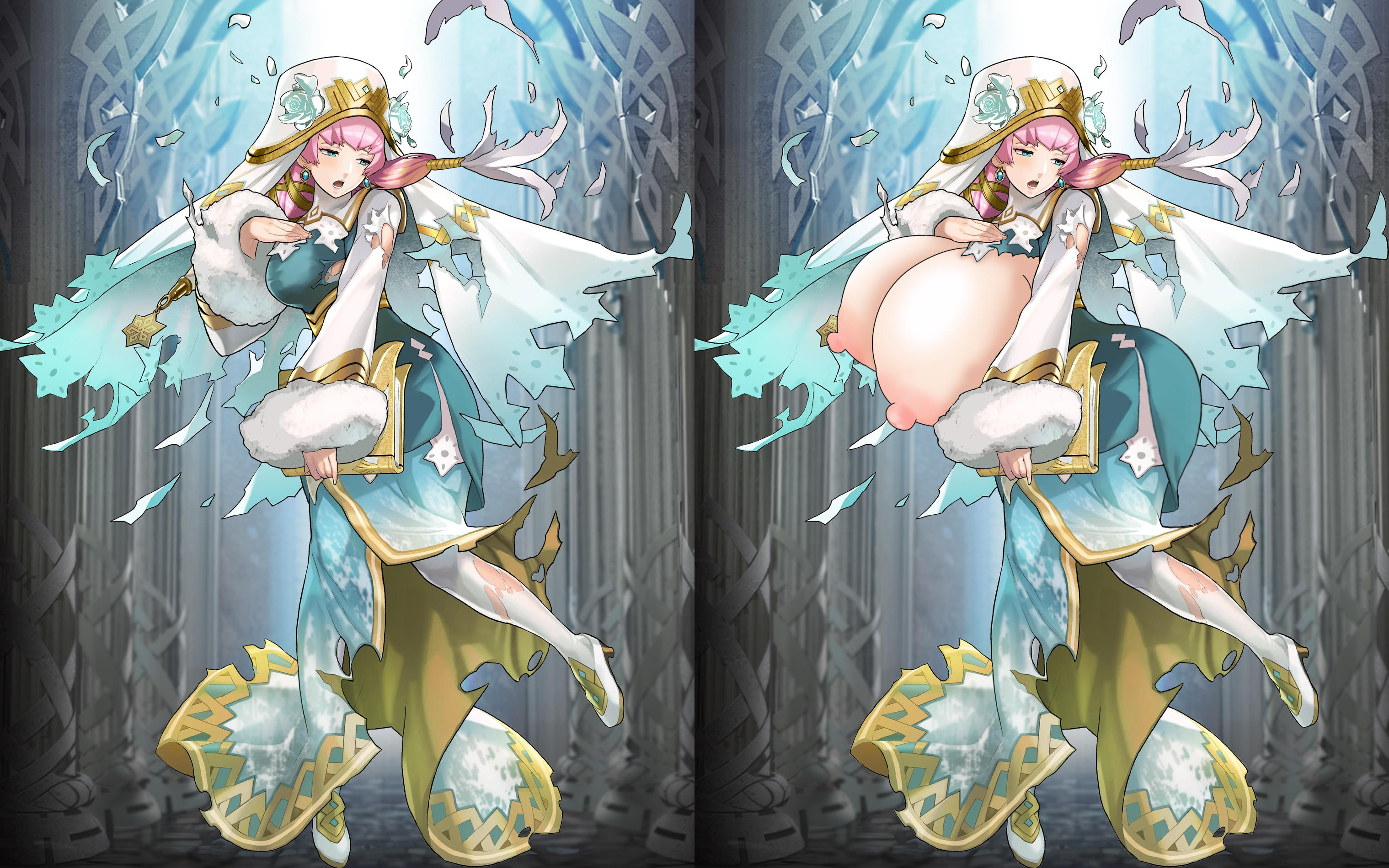 1girls, areolae, ass, ass expansion, big ass, breast expansion, breast growth, breast growth (enlargement), breasts, edit, edited official artwork, female, female focus, female only, fire emblem, fire emblem heroes, gigantic breasts, gunnthra (fire emblem), huge ass, huge breasts, huge nipples, human, hyper breasts, large areolae, large breasts, morphy-mcmorpherson, nipples, official art, pink hair, puffy nipples, solo, torn clothes