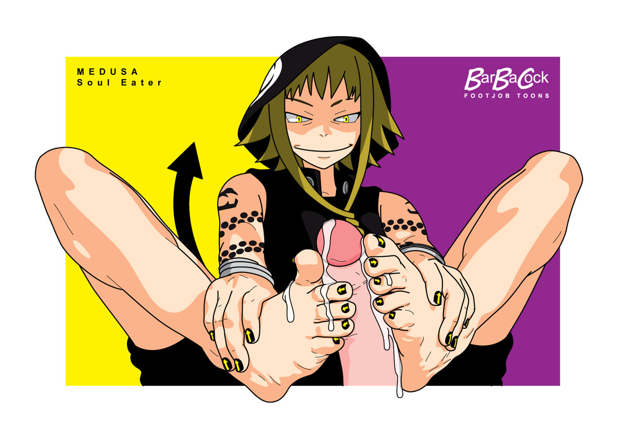 barbacock, blonde hair, cum, cum between toes, cum on feet, cum on toes, feet, female, foot fetish, foot focus, footjob, gold nails, male, medusa gorgon, nail polish, painted nails, penis, short hair, smile, soul eater, toes, yellow eyes