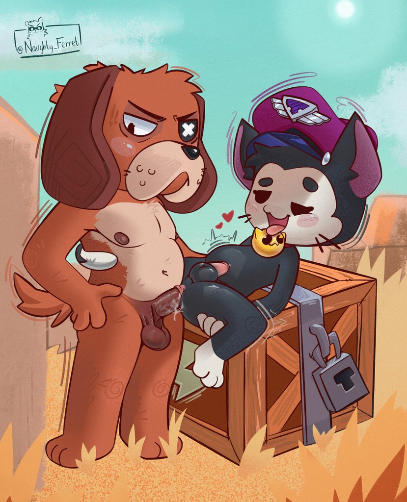 2boys, anal, anal sex, blush, brawl stars, canine, colonel ruffs, domestic cat, domestic dog, duo, feline, fucked silly, gay, gay male, genital fluids, genitals, heart, kit (brawl stars), male, male only, male/male, mammal, naughty ferret, non-human, non-human only, orgasm, orgasm face, outdoors, partially clothed, penetration, sex, size difference, supercell, tongue, tongue out, watermark, yaoi