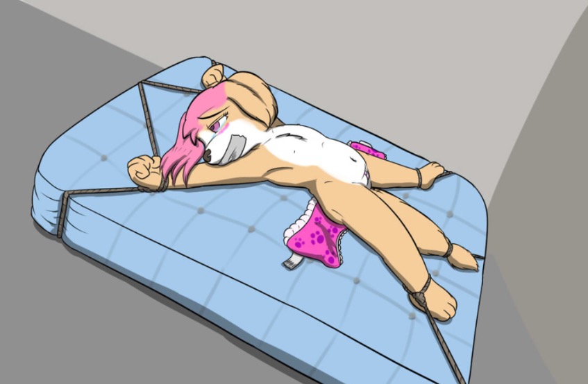 anthro blush bondage bound canine clitoris dog female gag gagged mammal mattress nude pink_eyes pink_hair pussy rope skunket solo tan_fur tape tape_gag taped_mouth tears young