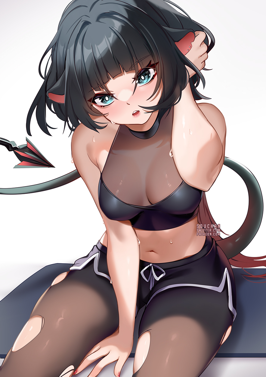 animal_ears artist_name bangs bare_arms bare_shoulders black_hair black_legwear black_shirt black_shorts blue_eyes blunt_bangs breasts cat_ears cat_girl cat_tail choker cleavage collarbone cowboy_shot crop_top eyebrows_visible_through_hair female fingernails jane_doe_(zenless_zone_zero) large_breasts looking_at_viewer medium_breasts midriff nail_polish navel open_mouth pantyhose parted_lips shirt short_hair shorts solo squchan stomach sweat tail thighs torn_clothes torn_legwear torn_skirt v-shaped_eyebrows zenless_zone_zero