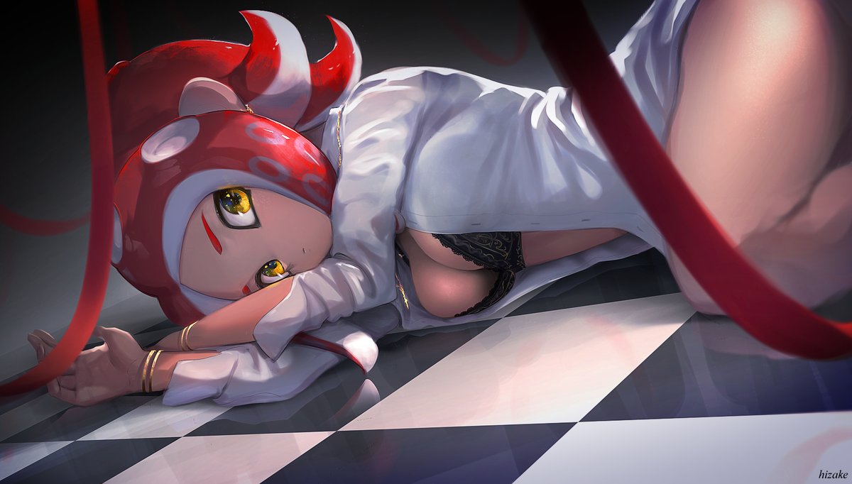 1girls, agent 8 (splatoon), big breasts, bottomless, bracelet, bracelets, breasts, checkered floor, cute, deleted in source, female, female focus, hizake, kashu (hizake), light skin, light-skinned female, lingerie, nintendo, octoling, pseudo hair, red ribbon, see-through shirt, solo, solo female, solo focus, splatoon, splatoon 2, tentacle hair, twitter link, white shirt