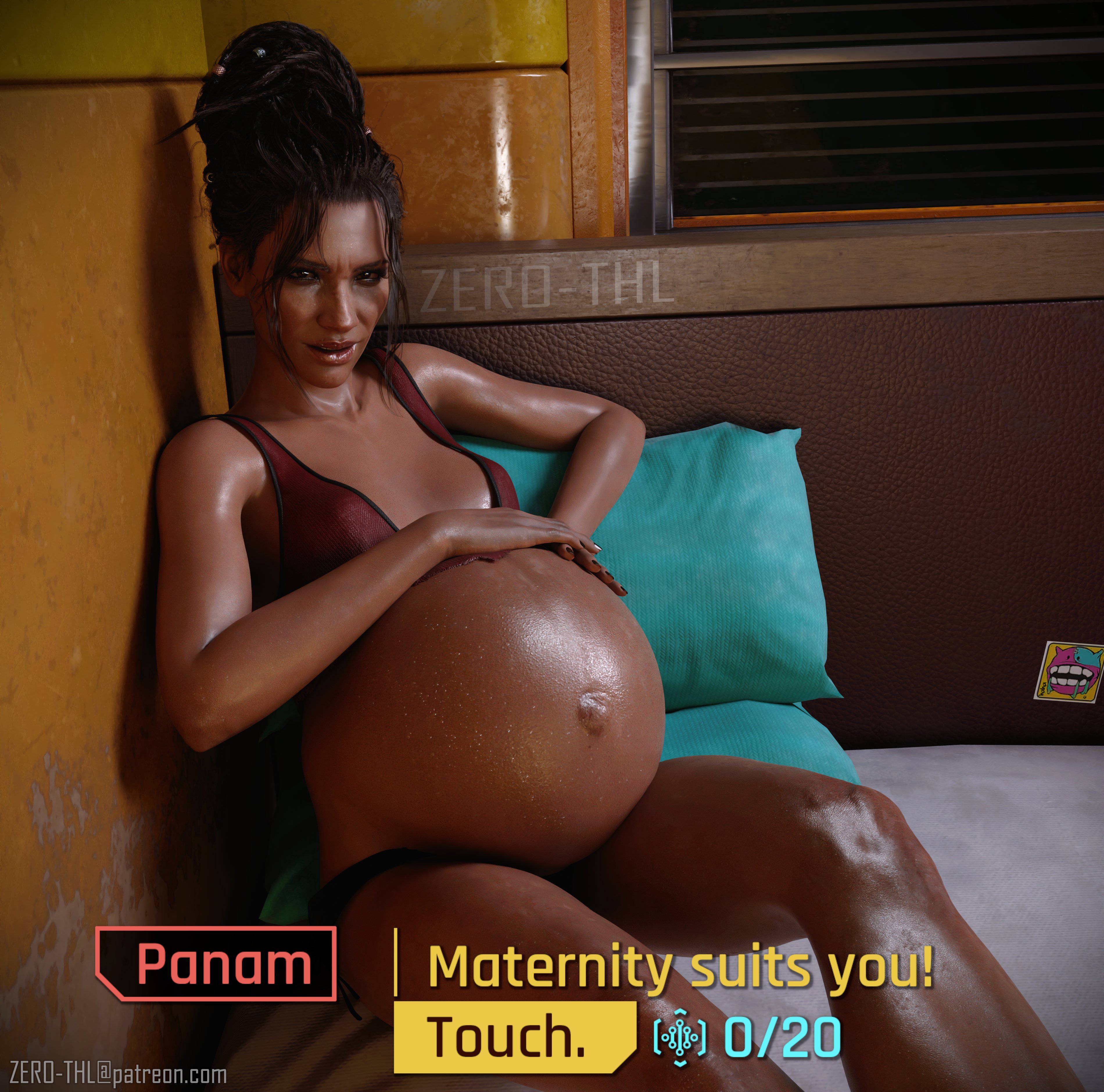 1girls, 3d, blender, cyberpunk 2077, dark skin, dark-skinned female, dialogue, dialogue box, dialogue options, female, female only, gameplay mechanics, huge belly, national personification, outie navel, panam palmer, pregnant, ready to pop, solo, text, user interface, zero-thl