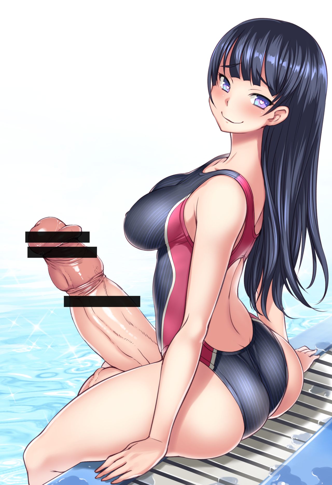 bar_censor bosshi censored erection futanari heart-shaped_pupils penis swimsuit testicles