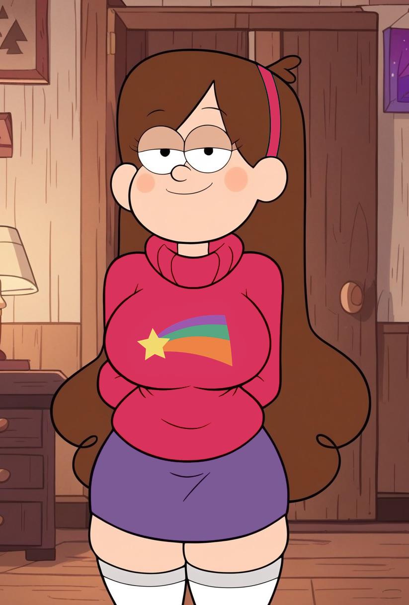 1girls accurate_art_style aged_up ai_generated bedroom_eyes braces disney_xd female front_view gravity_falls hairband hands_behind_back indoors large_breasts long_hair looking_at_viewer mabel_pines open_smile skirt smile smiling_at_viewer solo sweater thick_thighs thighhighs three-quarter_portrait upper_body