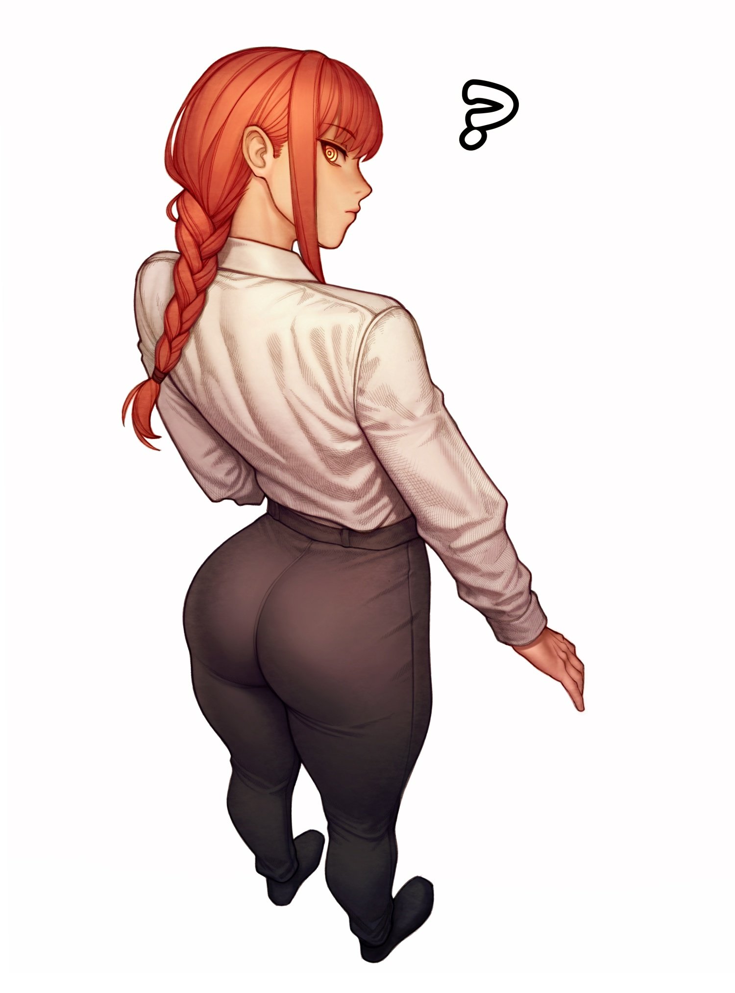 1girls, ass, big ass, big butt, black pants, chainsaw man, fat ass, female, looking at viewer, makima (chainsaw man), red hair, red-haired female, redteneri, tight clothing, yellow eyes