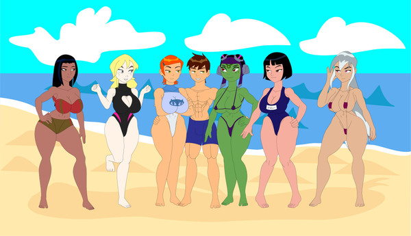 1boy 6girls alien alien_girl amphibian artist_request asian asian_female attea beach ben_10 ben_10_alien_force ben_10_omniverse ben_tennyson bikini black_hair blonde_hair breasts brown_hair charmcaster dark-skinned_female dark_skin female frog frog_girl goggles goggles_on_head green_skin gwen_tennyson gwen_tennyson_(classic) harem helmet humanoid incursean julie_yamamoto kai_green lenopan lucy_mann multiple_girls native_american one-piece_swimsuit orange_hair princess swimsuit yellow_sclera