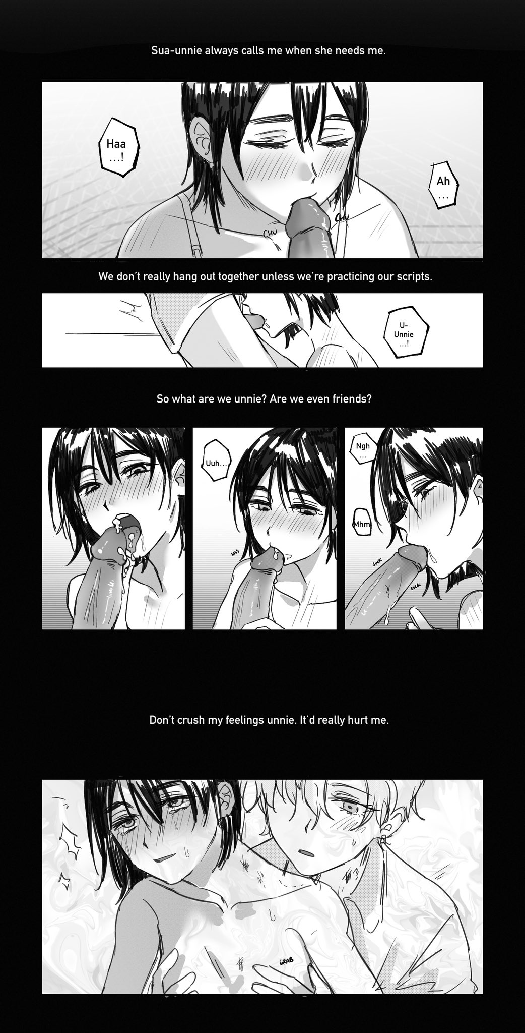 1futa, 1girls, alien stage, blowjob, breasts, closed eyes, comic, cum, cum in mouth, english text, fellatio, female, futa with female, futanari, grabbing another's breast, greyscale, intersex, mizi (alien stage), penis, short hair, sua (alien stage), the quipper