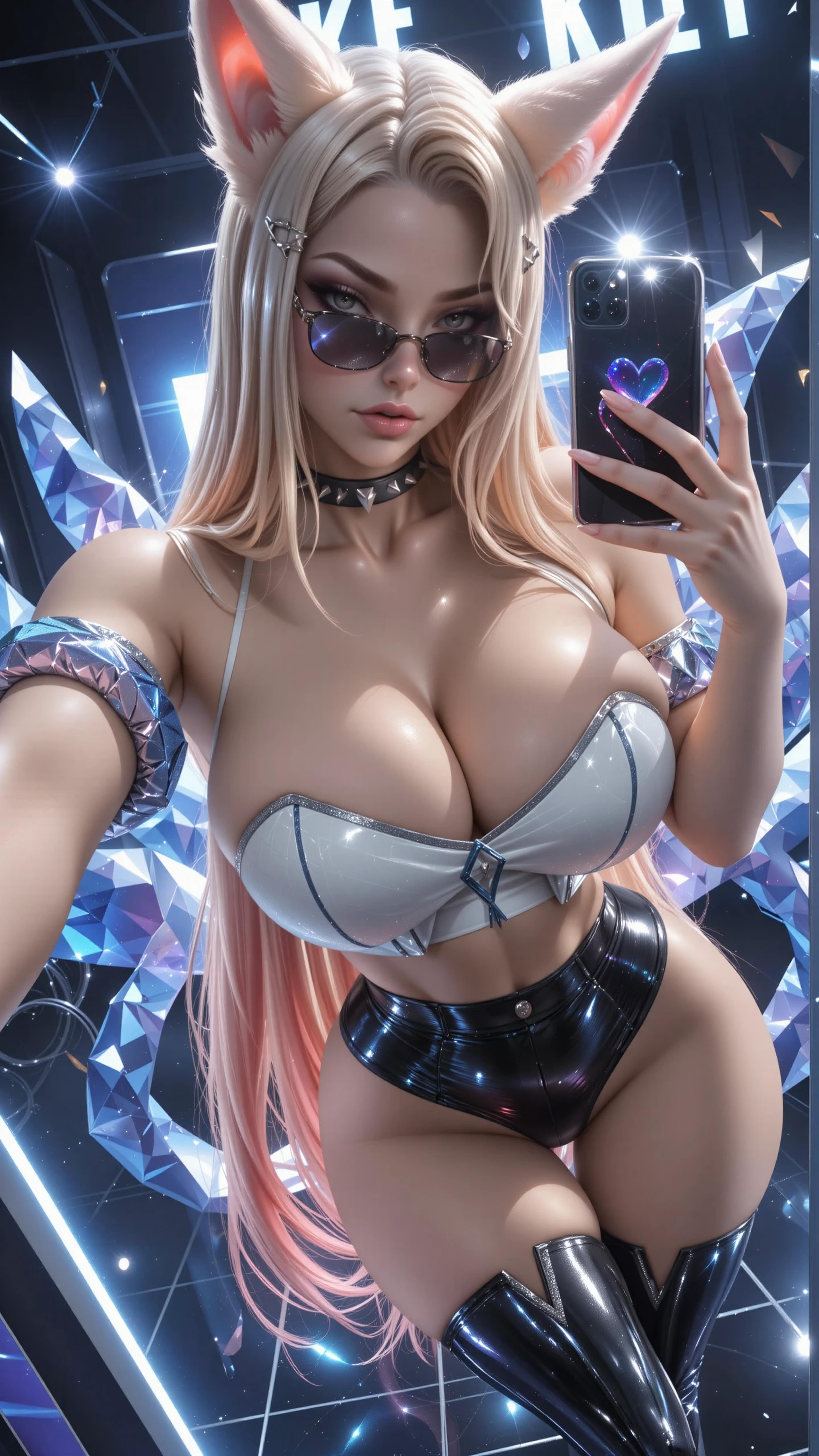 ahri, ai generated, ass, big ass, breasts, cellphone, cleavage, female, hourglass figure, k/da ahri, k/da series, large breasts, league of legends, leotard, looking over eyewear, looking over sunglasses, narrow waist, navel, pose, riot games, seductive, seductive eyes, seductive gaze, seductive look, seductive pose, selfie, sexually suggestive, sky4maleja, sunglasses, thick thighs, tinted eyewear, vastaya