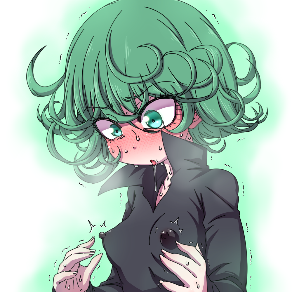 1girls, arousal, aroused, blush, blushing, blushing profusely, breasts, confused, confused look, confusion, dark clothing, drooling, erect nipples, erect nipples under clothes, female, female only, green eyes, green hair, hanya (hanya yashiki), looking at breasts, nipples, nipples visible through clothing, one-punch man, pleasure, pleasure face, pleasured, pokies, saliva, short hair, small breasts, solo, sweat, sweatdrop, sweating, tatsumaki, telekinesis, tight clothing, trembling