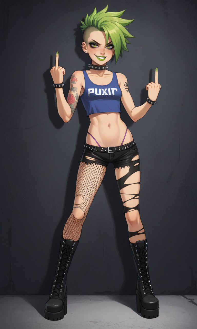 ai_generated boots fishnets flipping_off green_eyes green_hair makeup mascara middle_finger midriff navel original platform_boots punk punk_girl punk_hair spiked_collar spiked_hair tank_top tattoo thong_straps