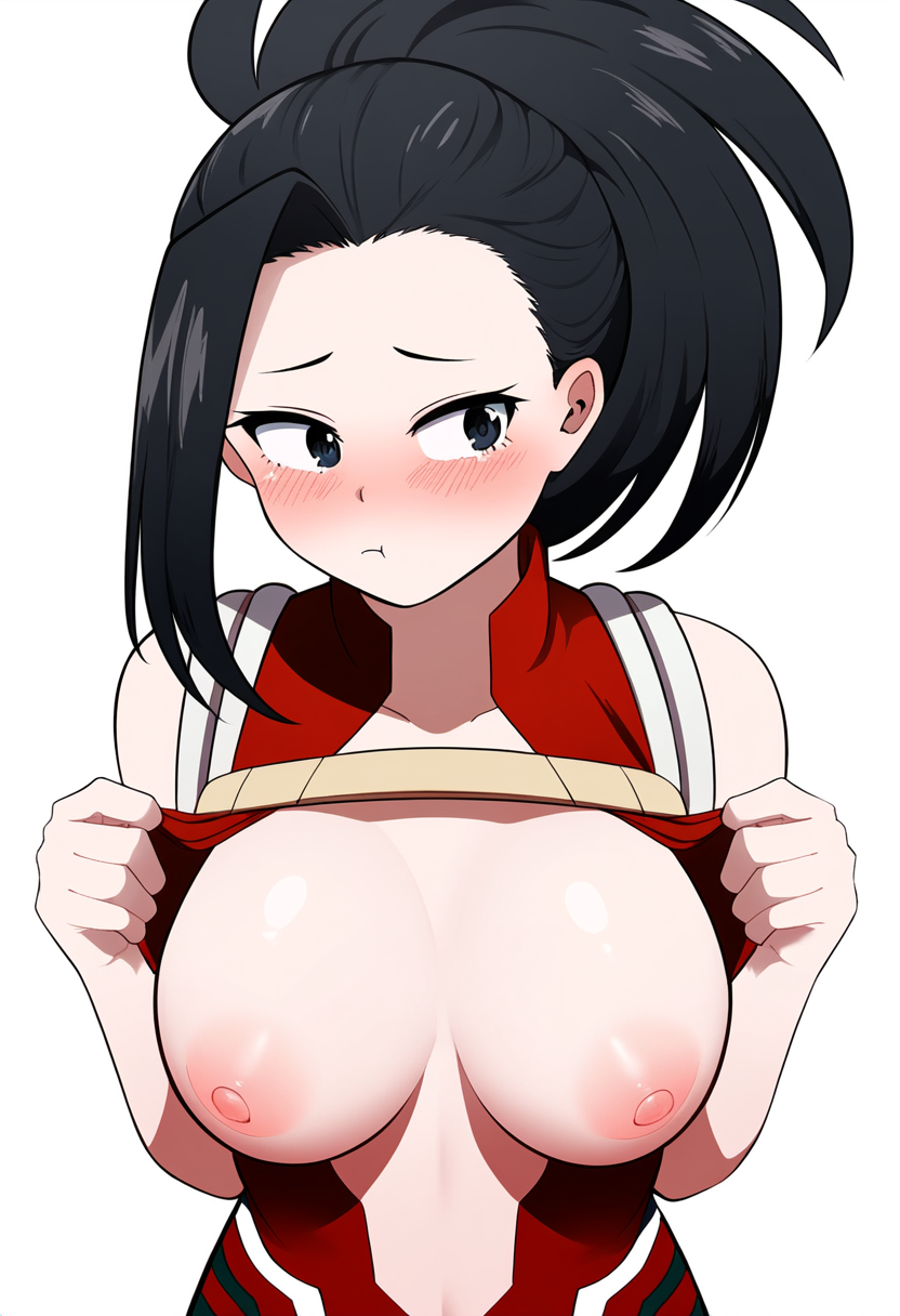 1girls 2d aerolae ai_generated big_breasts black_eyes black_hair blush boku_no_hero_academia breasts breasts_focus embarrassed execro female flashing_breasts highres looking_away momo_yaoyorozu my_hero_academia nipples novelai pink_nipples pout pov pov_male presenting_breasts solo uncensored yaoyorozu_momo