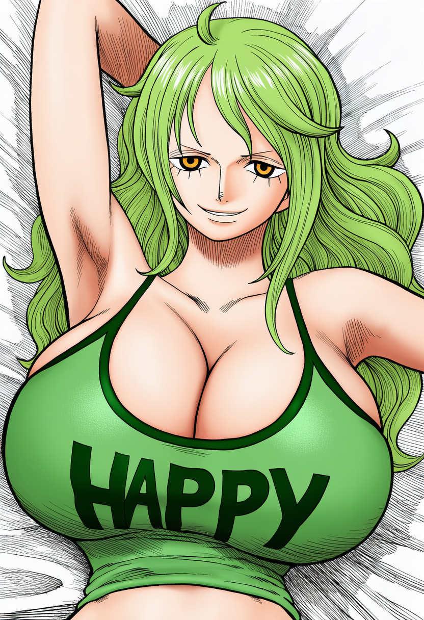 1girls, accurate art style, accuratemanga, ai generated, balloon breasts, big breasts, breasts, clothed, clothing, female, female only, green hair, green-haired female, hourglass figure, manga style, monet (one piece), one piece