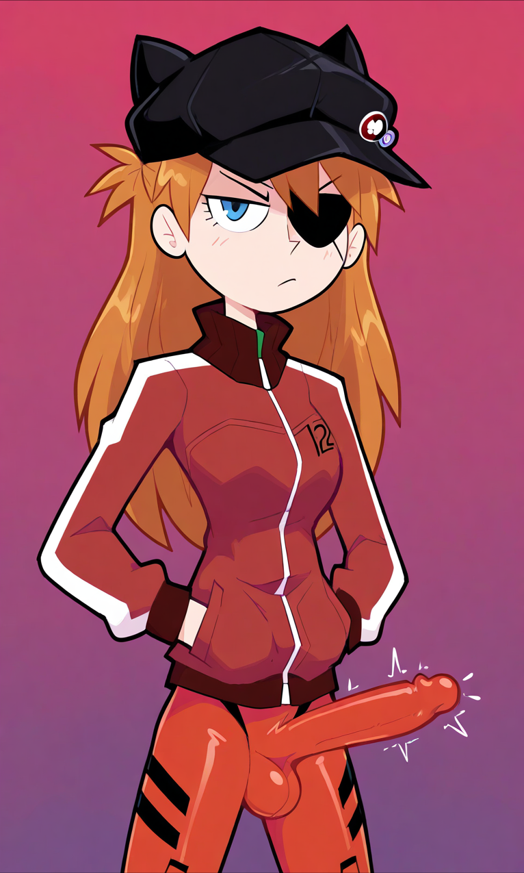 ai_generated asuka_langley_sohryu blue_eyes bodysuit bulge erect_penis erection erection_under_clothes futanari hat looking_at_viewer miscon neon_genesis_evangelion orange_hair penis penis_under_clothes plugsuit red_bodysuit testicles tsundere