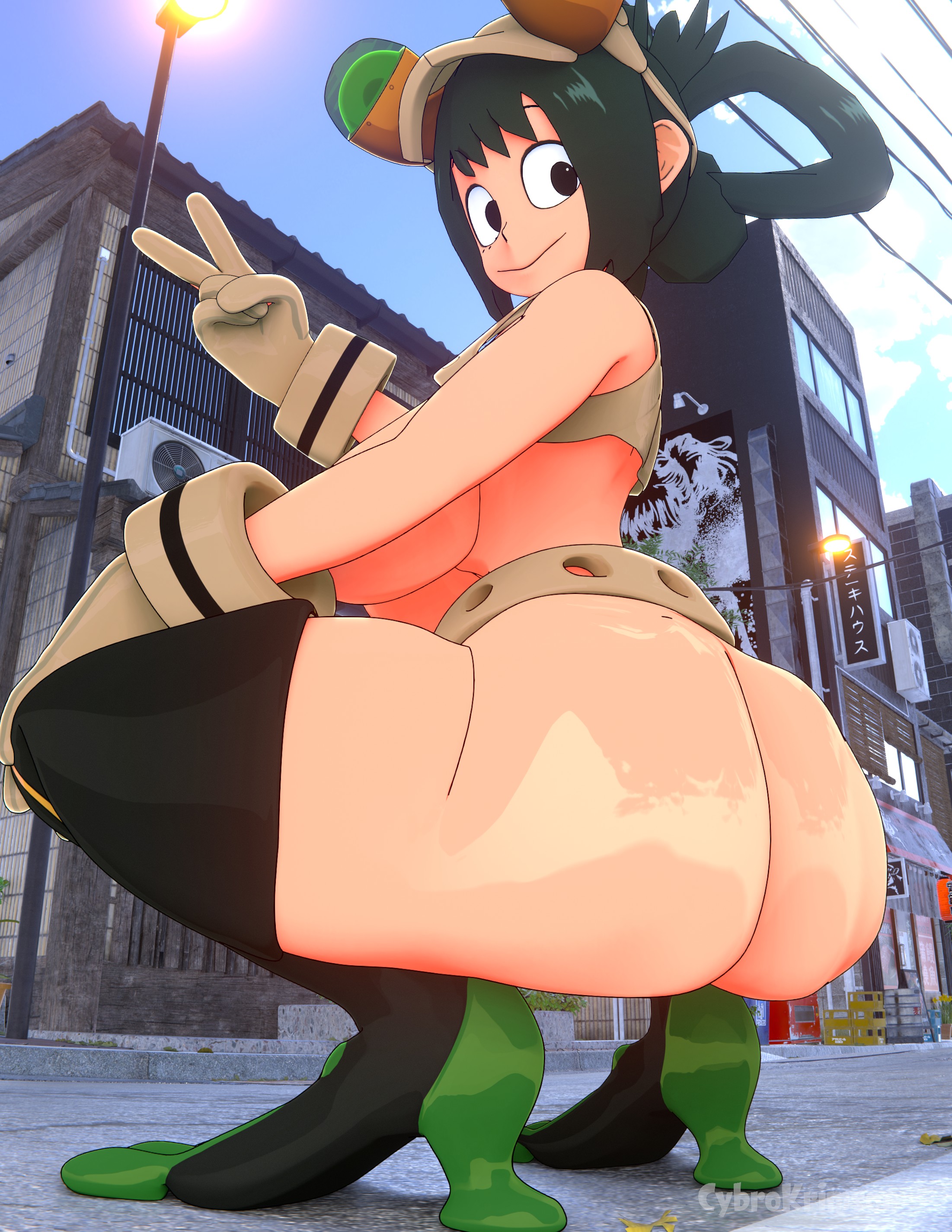 3d, 3d (artwork), 3d model, big ass, black hair, bubble butt, cybrokrimson, female, huge ass, huge butt, looking at viewer, looking back, looking back at viewer, my hero academia, solo, squatting, thick, thick ass, thick butt, thick hips, thick legs, thick thighs, tsuyu asui, v sign, wide ass, wide hips, wide thighs