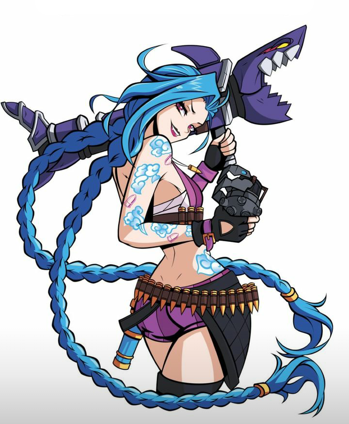 bikini bullets hfxpins jinx_(league_of_legends) league_of_legends machine_gun purple_hair tattoo