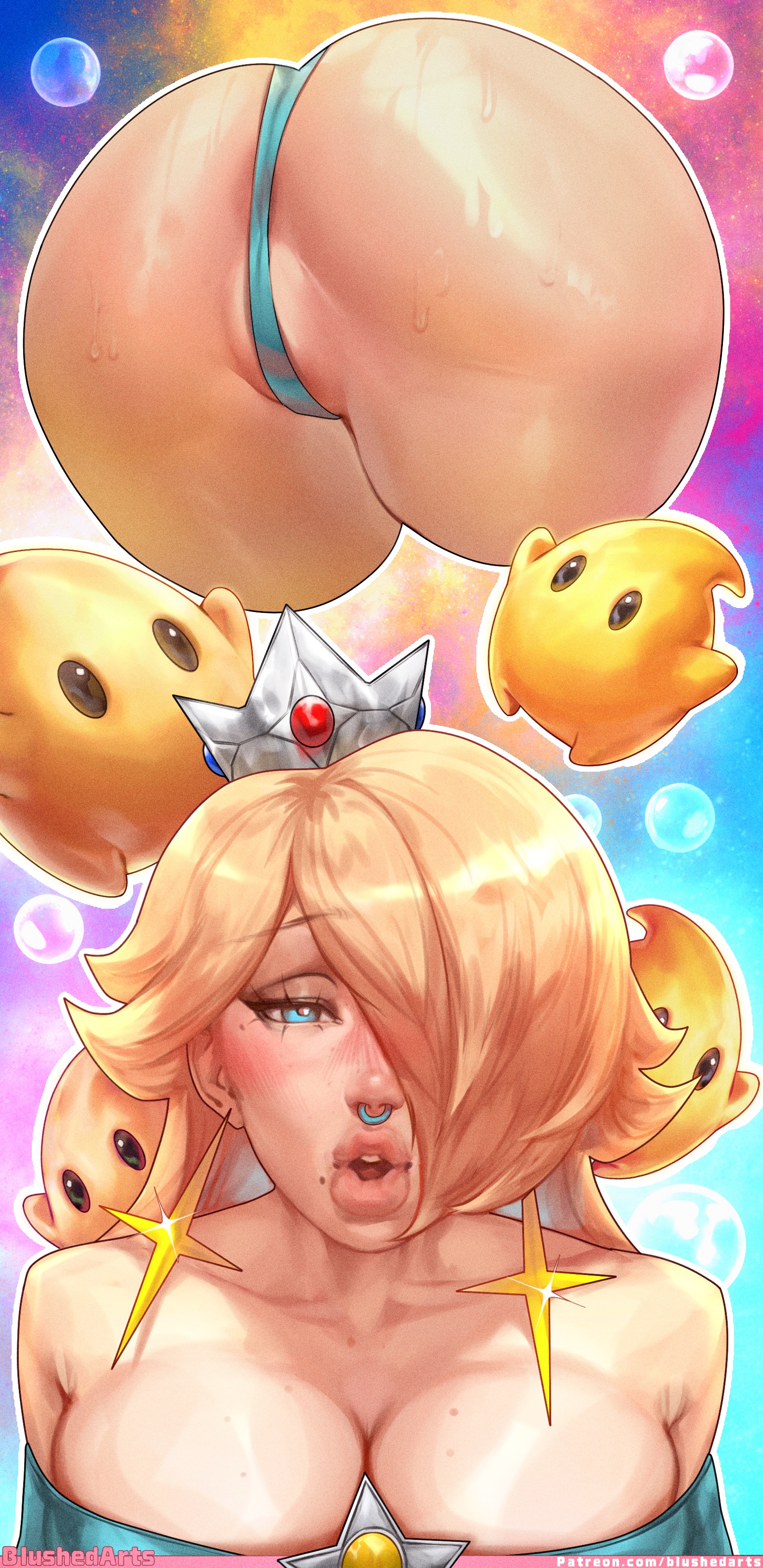 2d, 2d (artwork), anus, anus peek, anus visible through clothes, ass, ass focus, big ass, big breasts, big butt, big lips, bimbo, bimbo lips, blonde, blonde female, blushedarts, boob window, breasts, butt, butt focus, crown, dress, huge ass, huge breasts, luma, mole, mole on face, nose piercing, panties, pierced nose, princess rosalina, pussy, pussy visible through clothes, pussy visible through panties, round breasts, silver crown, star, star (symbol), super mario bros., super mario galaxy, super smash bros., sweat, sweaty, sweaty ass, tagme, vagina