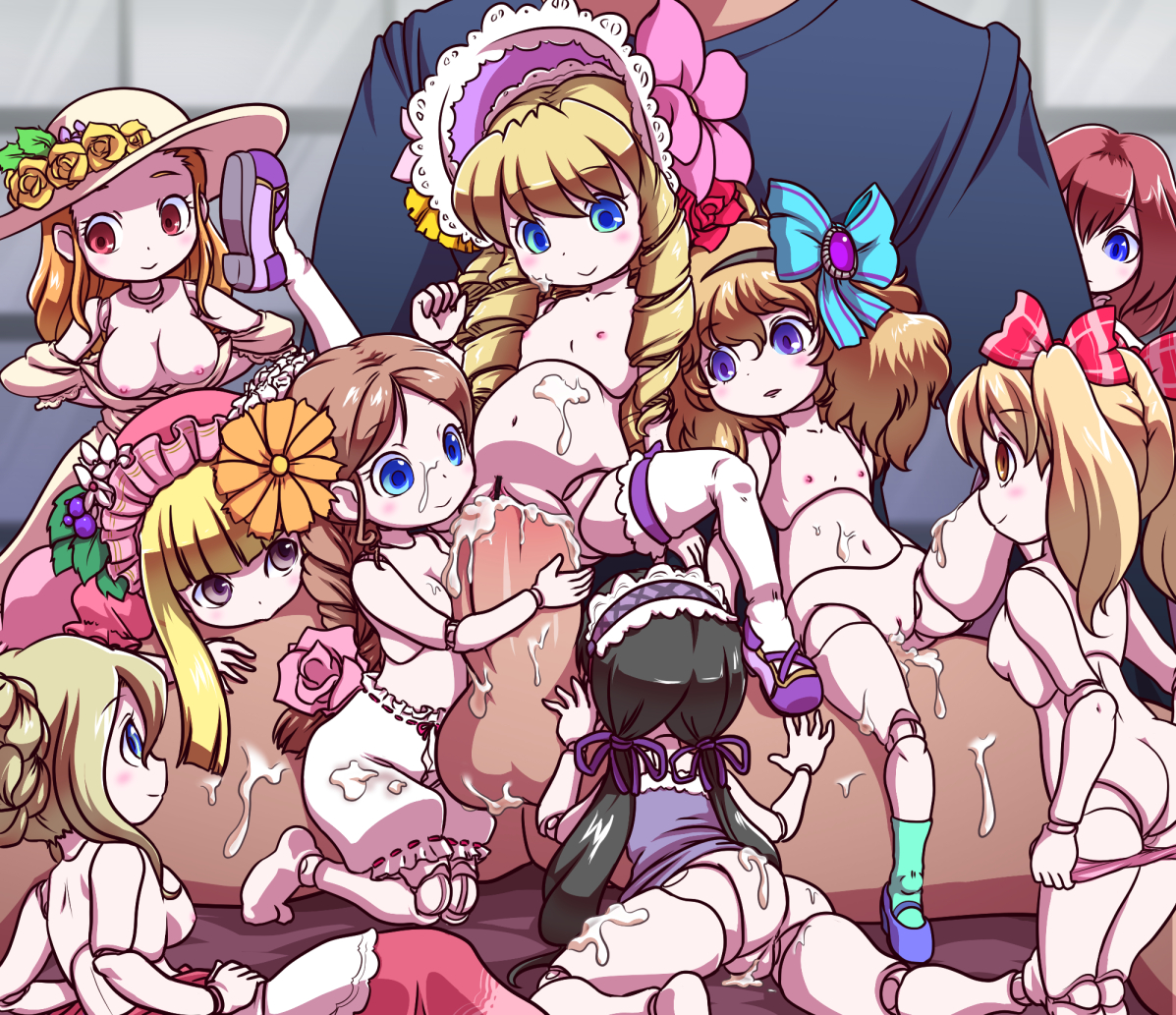 1boy, breasts, bulge, cum, doll, doll joints, exposed breasts, female, male, multiple females, multiple girls, nollety, size difference, stomach bulge