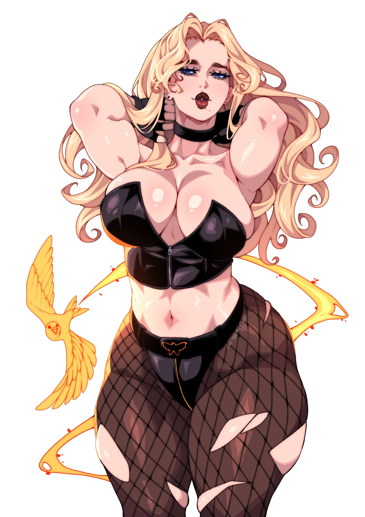 1girls, big breasts, black canary, blonde hair, breasts, camtheartguy, dc, dc comics, female, female focus, female human, female only, fishnet legwear, fishnets, fit female, full lips, human, large breasts, light skin, light-skinned female, long hair, mature female, midriff, navel, slim waist, solo, superheroine, thick thighs, thighs, white background, wide hips