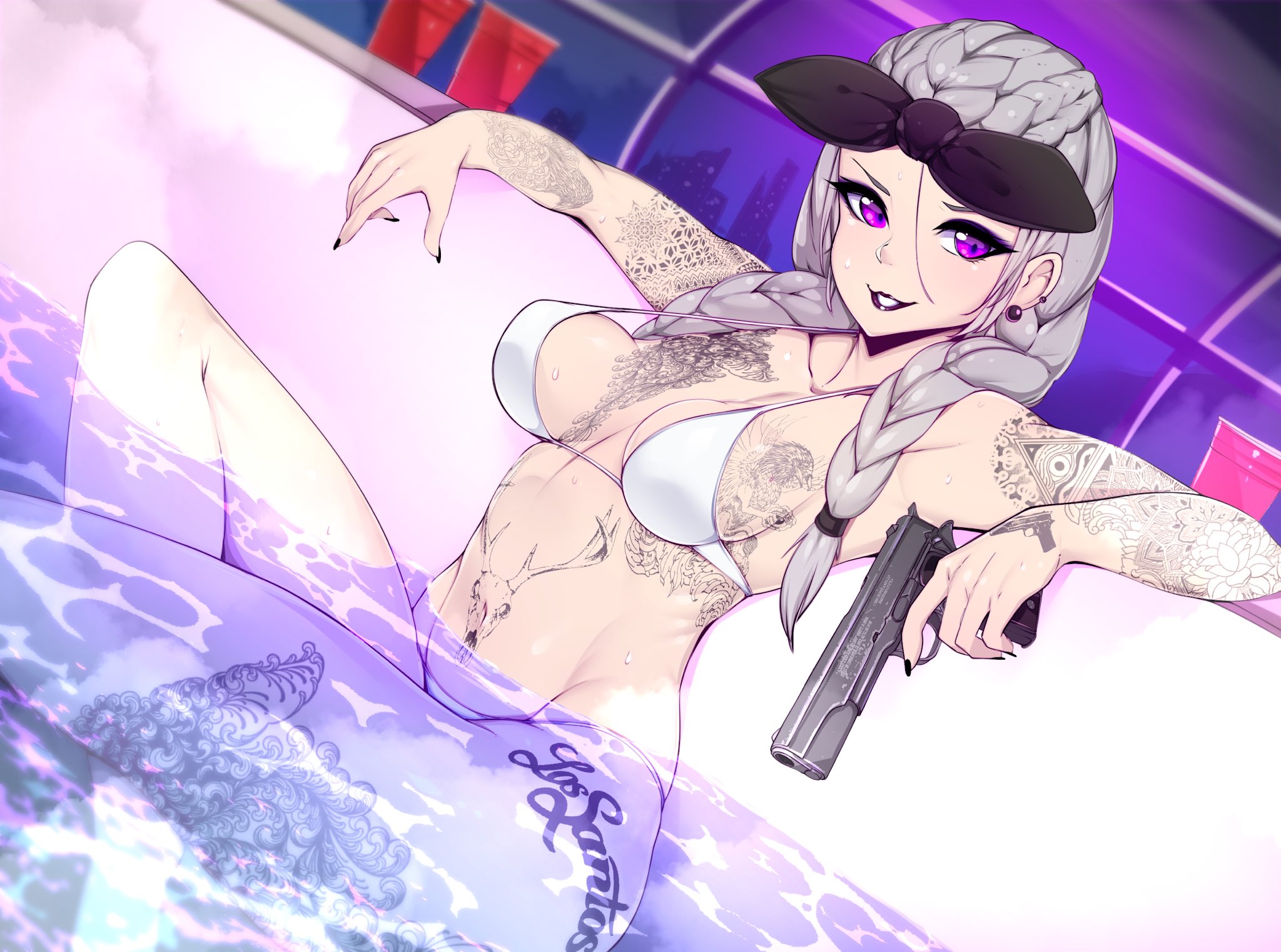 breasts, cleavage, female, female only, slugbox, solo, spread legs, tattooed arm