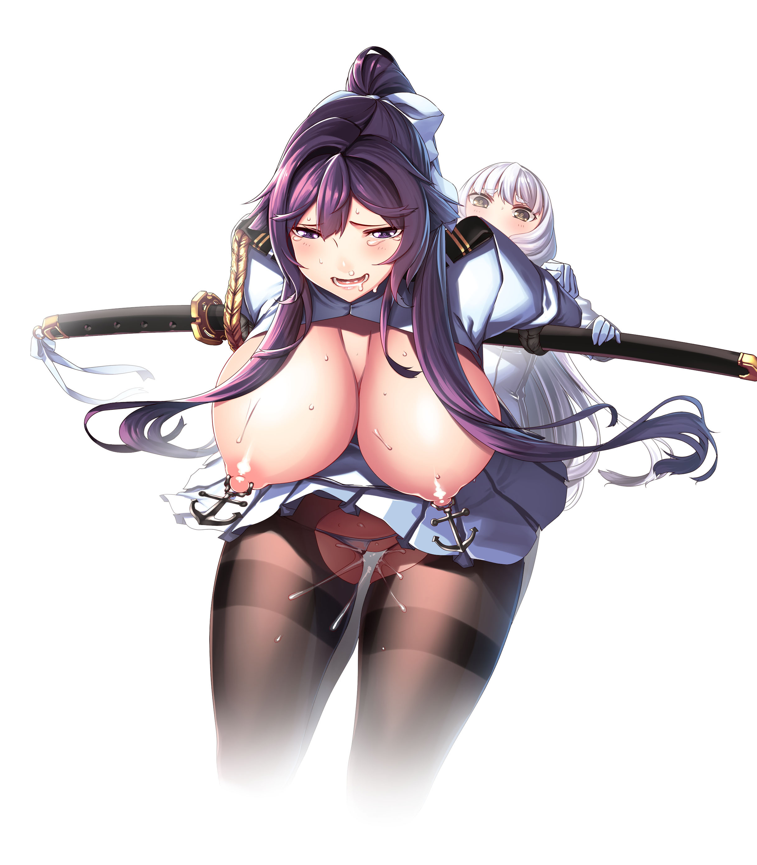 2girls, anchor, blush, breasts, drooling, erect nipples, female, female admiral (kantai collection), female ejaculation, hiememiko, highres, huge breasts, instant orgasm, kantai collection, katana, multiple females, multiple girls, murakumo (kantai collection), navy, nipple piercing, nipples, open mouth, orgasm, orgasm without stimulation, panties, panties aside, pantyhose, piercing, purple eyes, purple hair, pussy, pussy ejaculation, pussy juice, spontaneous orgasm, squirting, sweat, sword, torn clothes, torn pantyhose, uniform, voluptuous, white hair, yuri