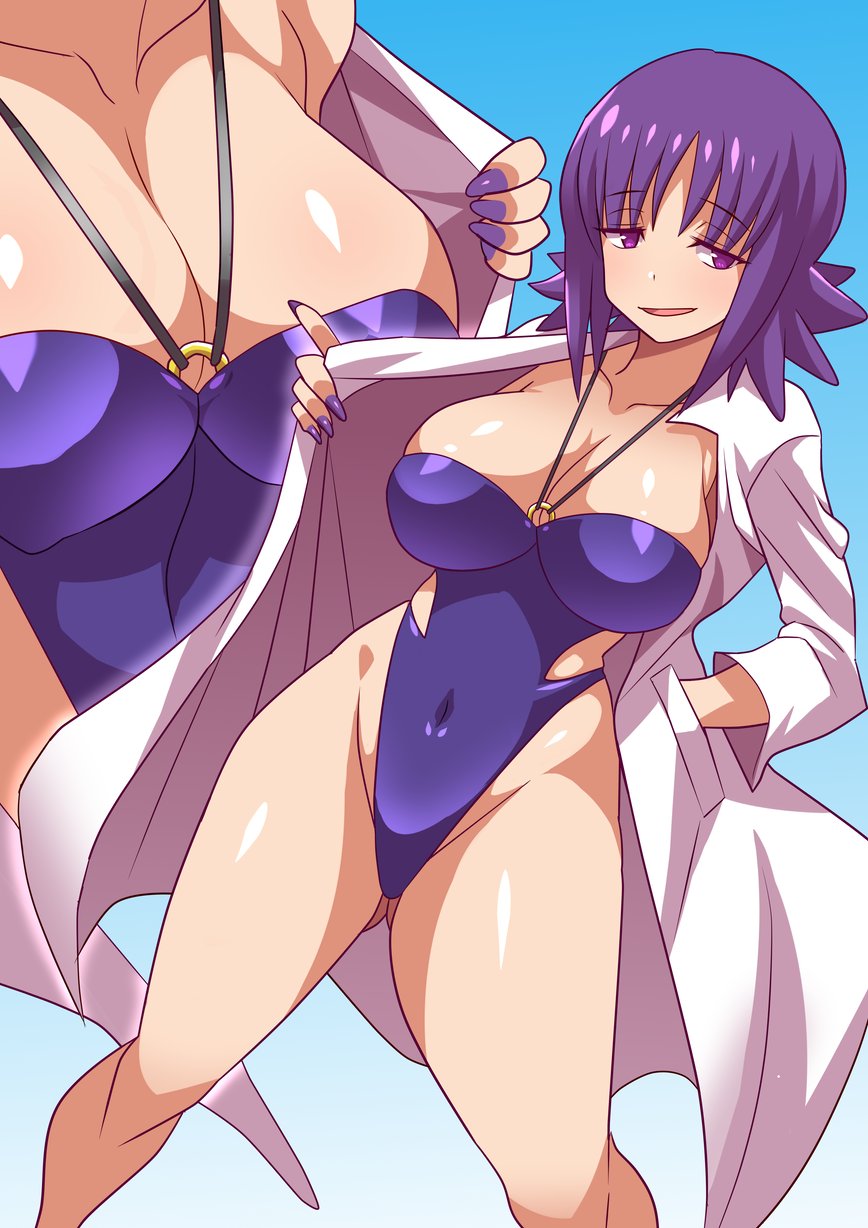 1girls 2019 alternate_breast_size anime_style belly big_breasts breasts brown_eyes cleavage close-up curvaceous female female_only half-closed_eyes huge_breasts human human_only konno_tohiro labcoat large_breasts leotard long_fingernails nail_polish navel necklace nintendo one-piece_swimsuit open_mouth painted_nails pale-skinned_female pale_skin philena_ivy pokemon pokemon_professor pokemon_rgby purple_eyes purple_fingernails purple_hair purple_nail_polish purple_nails short_hair solo standing swimsuit thick_thighs thighs wide_hips