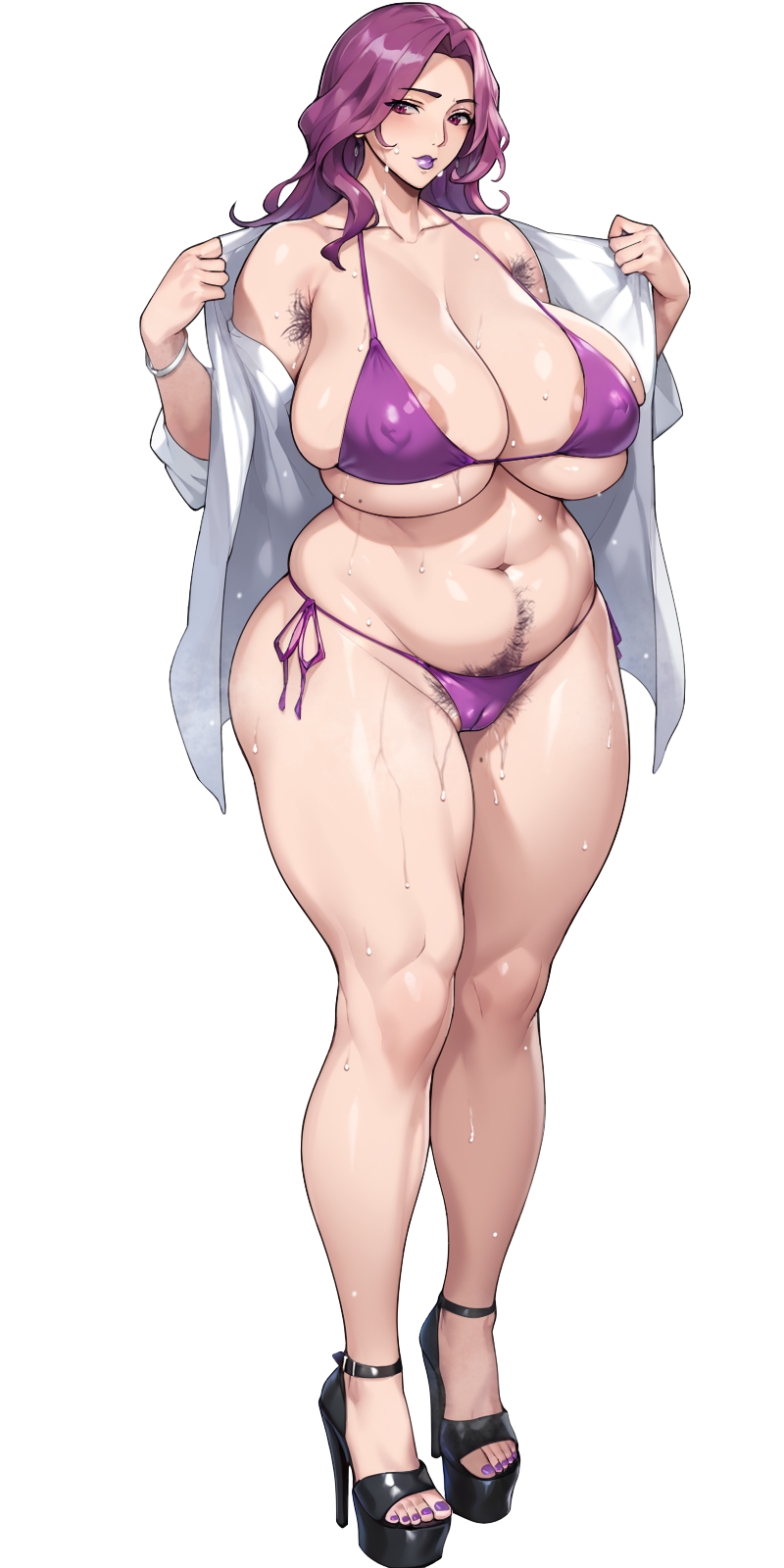 armpit_hair blush breasts cleavage code_geass collarbone cornelia_li_britannia curvy female female_pubic_hair highres large_breasts lipstick long_hair looking_at_viewer makeup mature_female mismatched_pubic_hair nanabe_78 navel plump pubic_hair purple_eyes purple_hair simple_background solo swimsuit thick_thighs thighs wide_hips