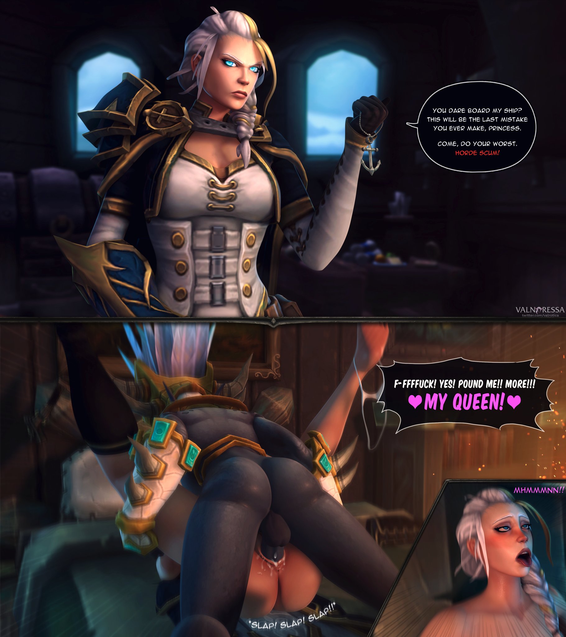 1futa, 1girls, ahe gao, anus, ass, backsack, balls, ballsack, blizzard entertainment, breasts, cum, cum drip, cum in pussy, cum inside, cumshot, curvy, erection, female, female penetrated, femsub, futa on female, futa penetrating, futadom, futanari, human, instant loss 2koma, intersex, jaina proudmoore, large ass, large penis, looking at viewer, mating press, medium breasts, nude, penetration, penis, princess talanji, pussy, rough sex, sex, speech bubble, text, troll (warcraft), troll female, vaginal penetration, valnoressa, warcraft, world of warcraft, zandalari troll
