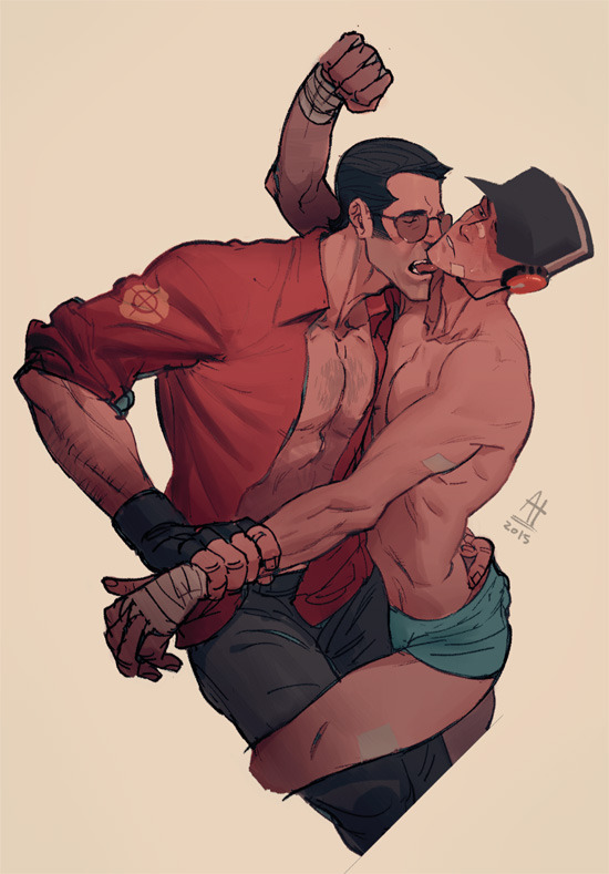 2015, 2boys, age difference, artist request, atanarika, domination, gay, headset, human, human male, human only, licking, licking neck, male, male only, multiple males, no visible genitalia, partially clothed, scout (team fortress 2), sniper (team fortress 2), team fortress 2, undressing, valve corporation, yaoi