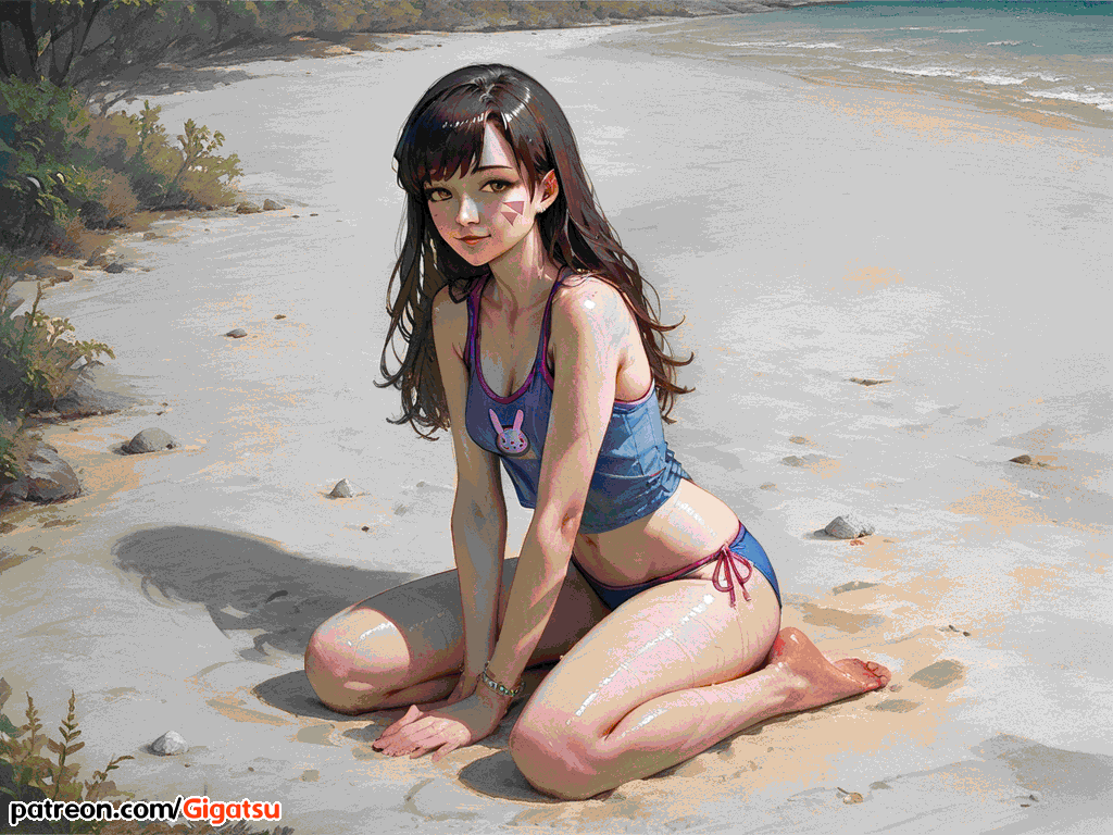 ai_generated barefoot beach curvy curvy_female d.va dark_hair face_markings feet gigatsu light-skinned_female light_skin long_hair overwatch panties pastel patreon sand sea seaside seductive seductive_look solo solo_female summer traditional_media_(artwork) url vegetation watermark