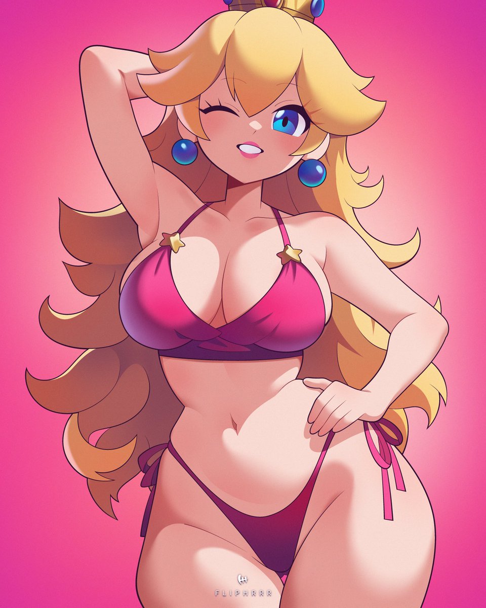 bikini blonde_hair breasts crown earrings female female_only fliphrrr mario_(series) nintendo one_eye_closed pink_background princess_peach simple_background smile smiling solo tagme