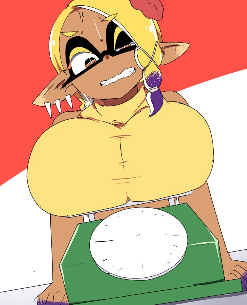 1girls big_breasts breasts breasts_bigger_than_head chicken_rib ear_piercing female frye_(splatoon) inkling inkling_girl nintendo scale splatoon splatoon_(series) splatoon_3 tentacle_hair yellow_hair yellow_shirt