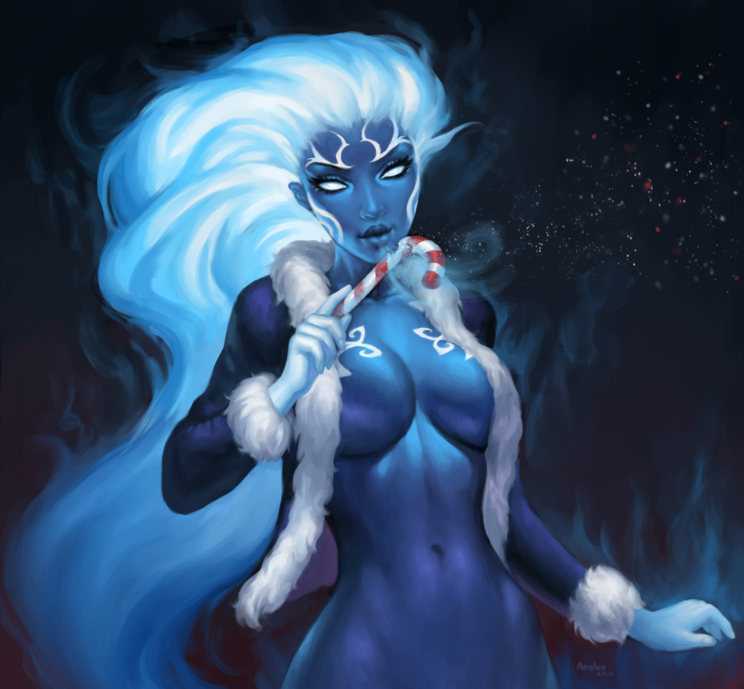 alternate costume, anolea, blue skin, breasts, candy cane, epsolon sol, female, fire hair, smite, sol (smite)