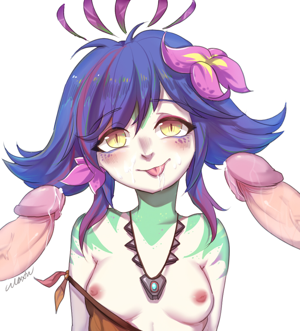 1girls 2boys blue_hair blush breasts cum cum_on_face female flower hair_flower league_of_legends looking_at_viewer maxin mmf_threesome neeko nipples penis riot_games short_hair simple_background small_breasts tongue tongue_out yellow_eyes