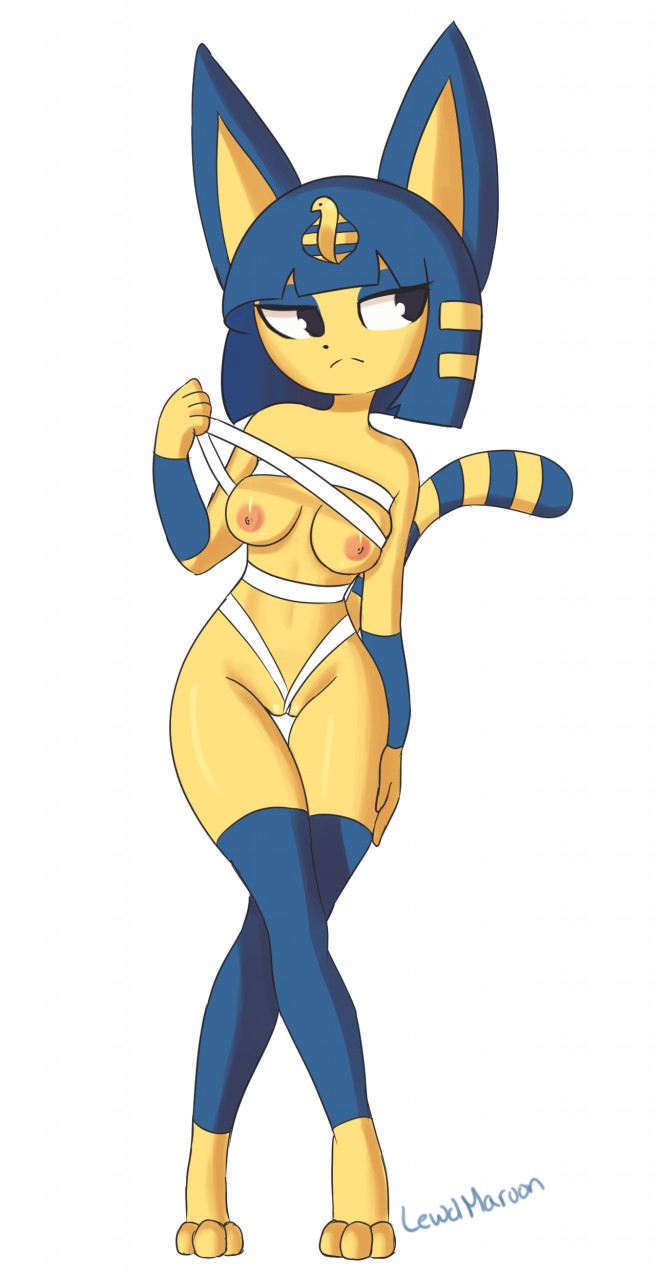 1girls 2018 abs animal_crossing ankha anthro bandage barefoot blue_hair breasts egyptian feet feline female female_only fur furry large_breasts lewd_maroon mammal mezmaroon nintendo nipples paws pussy simple_background solo standing thigh_gap uraeus wide_hips yellow_fur